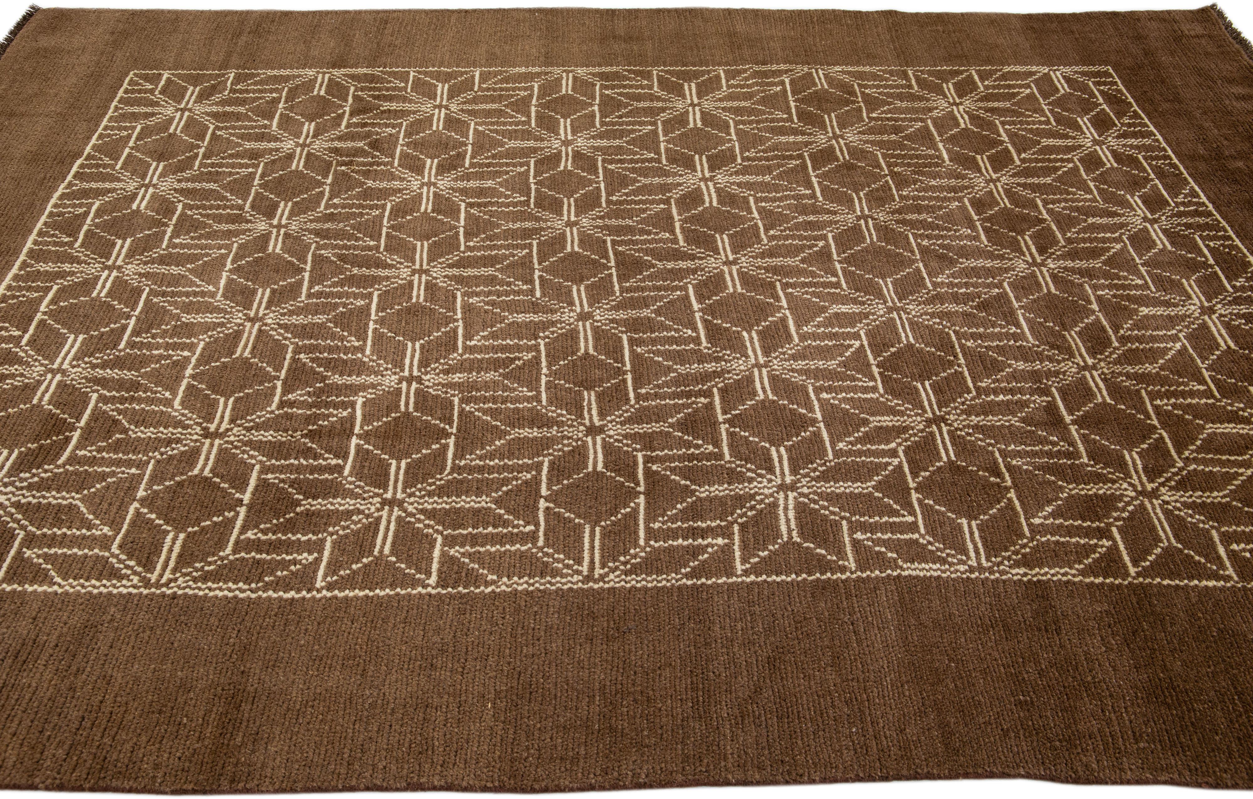 Modern Moroccan Style Handmade Brown Designed Wool Rug by Apadana In New Condition For Sale In Norwalk, CT