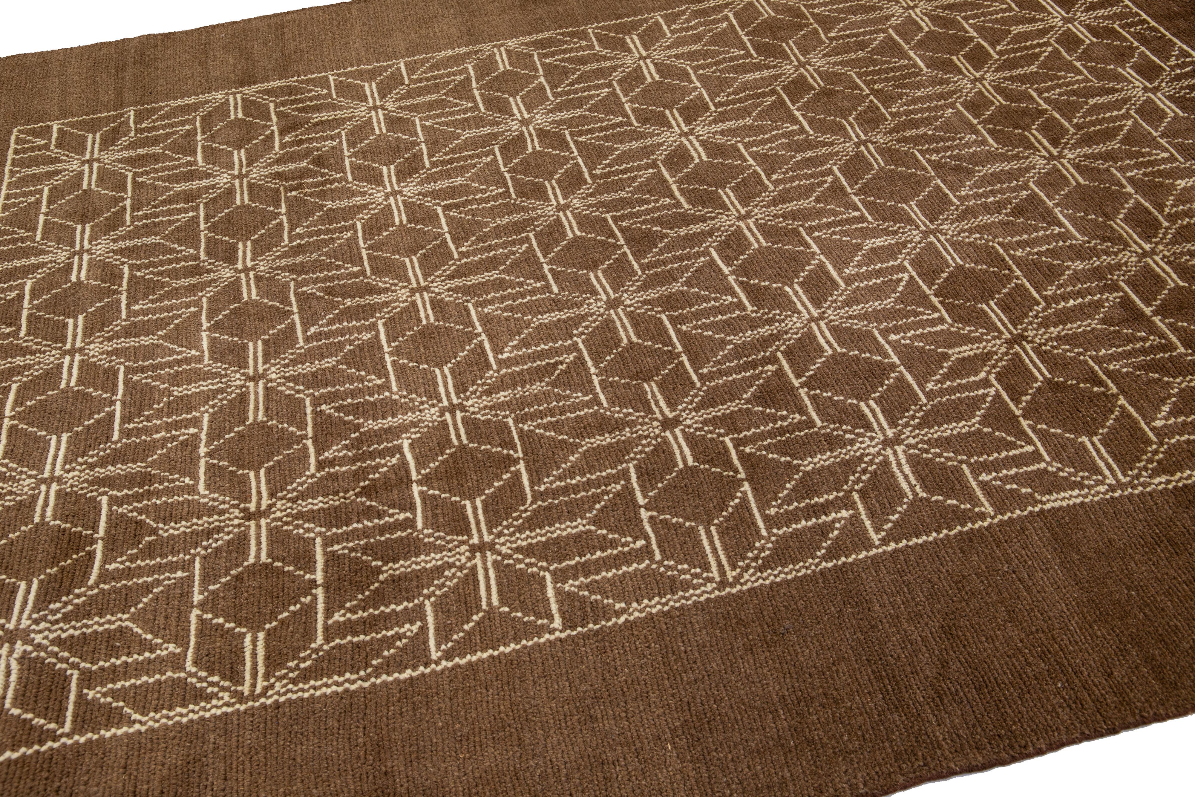 Contemporary Modern Moroccan Style Handmade Brown Designed Wool Rug by Apadana For Sale