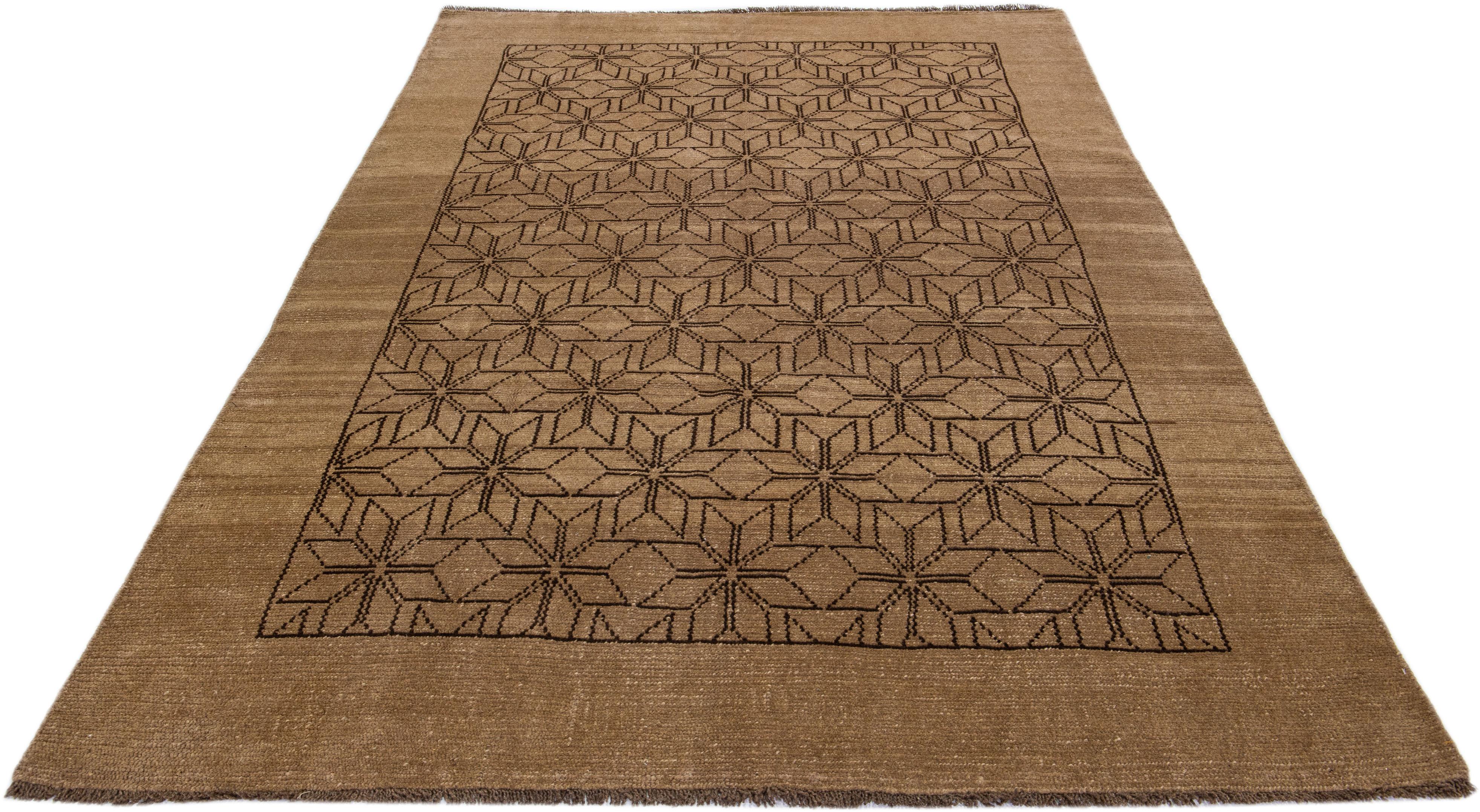 Afghan Modern Moroccan Style Handmade Brown Geometric Wool Rug by Apadana For Sale