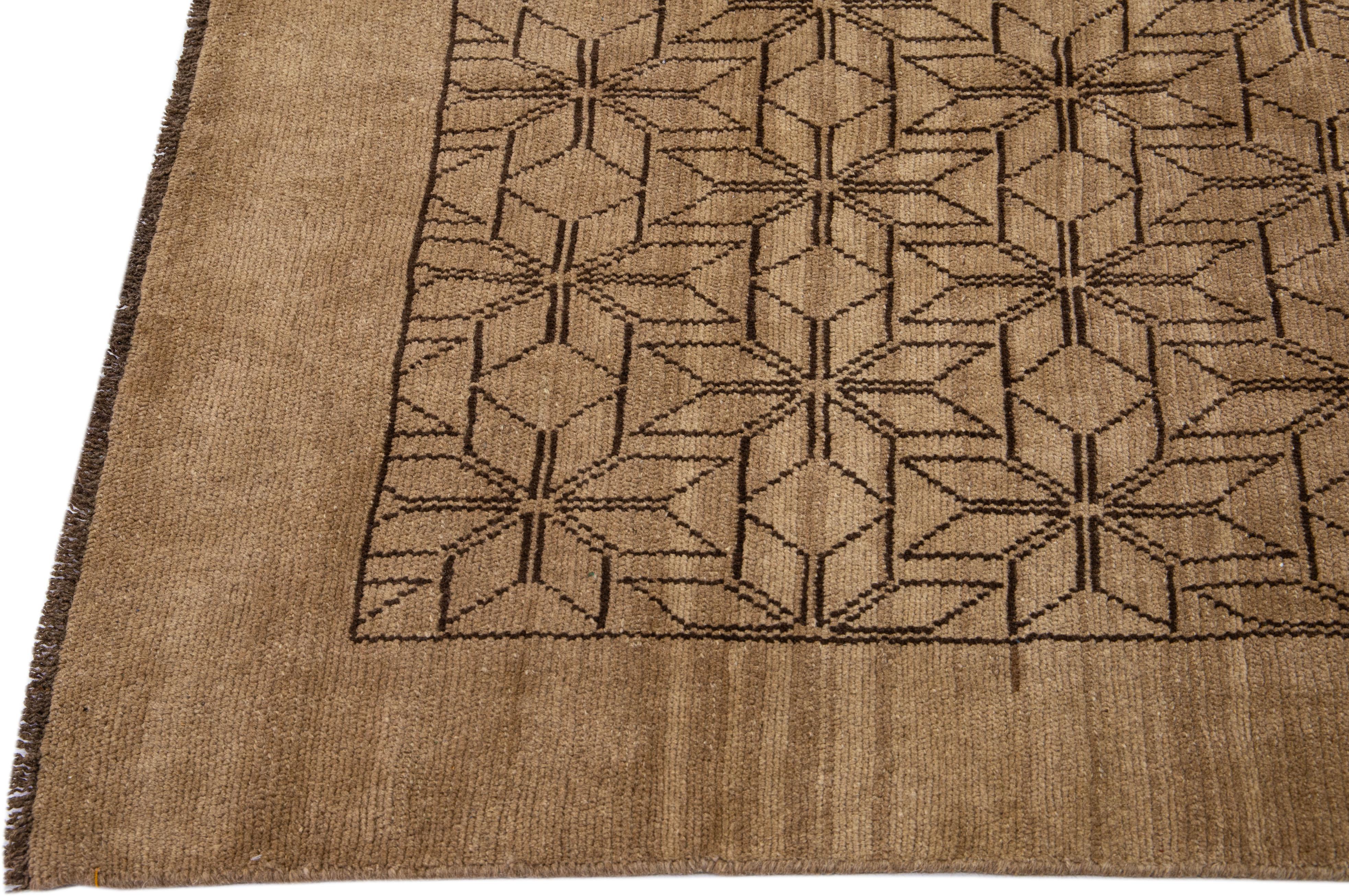 Hand-Knotted Modern Moroccan Style Handmade Brown Geometric Wool Rug by Apadana For Sale