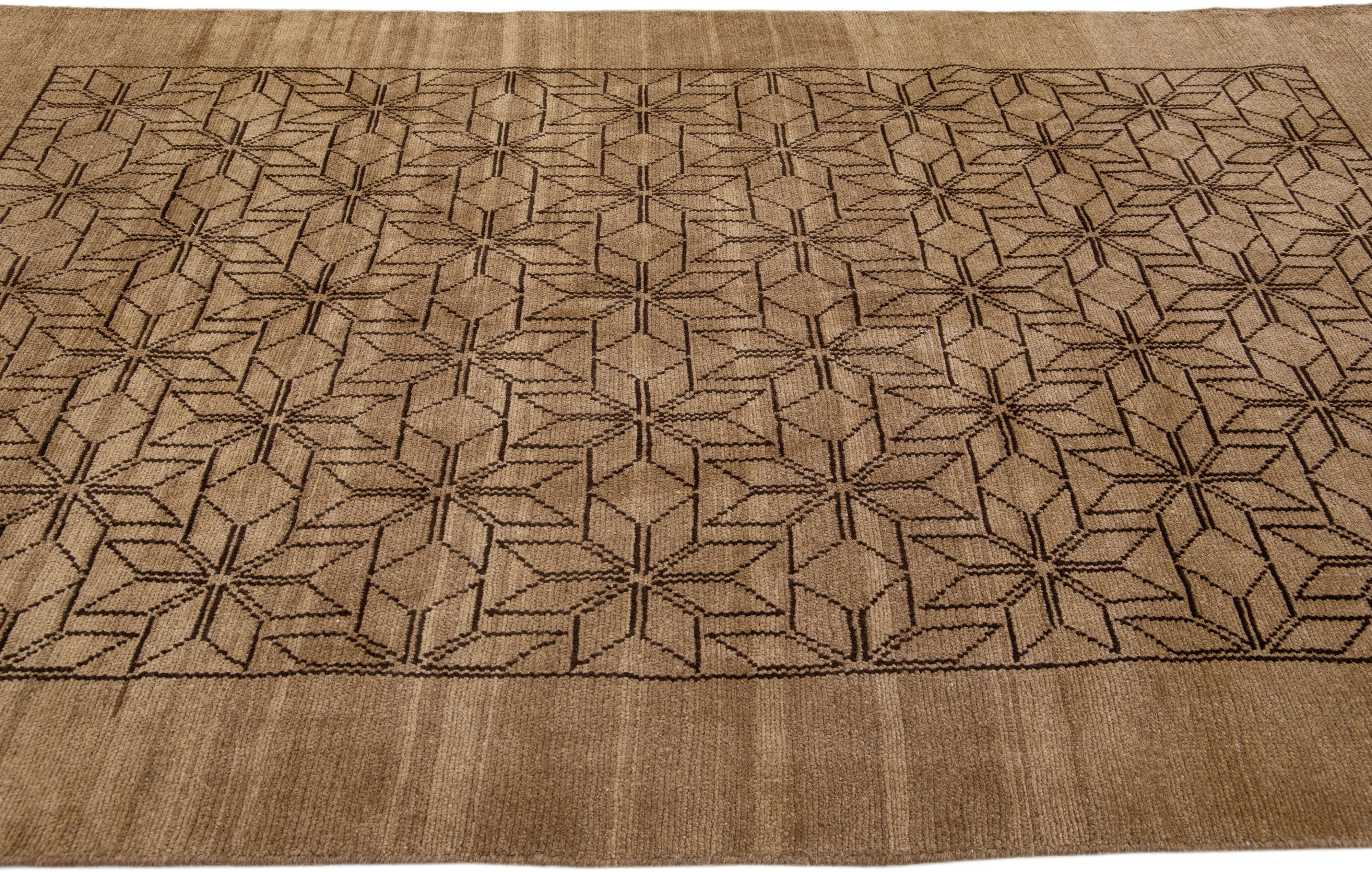 Modern Moroccan Style Handmade Brown Geometric Wool Rug by Apadana In New Condition For Sale In Norwalk, CT