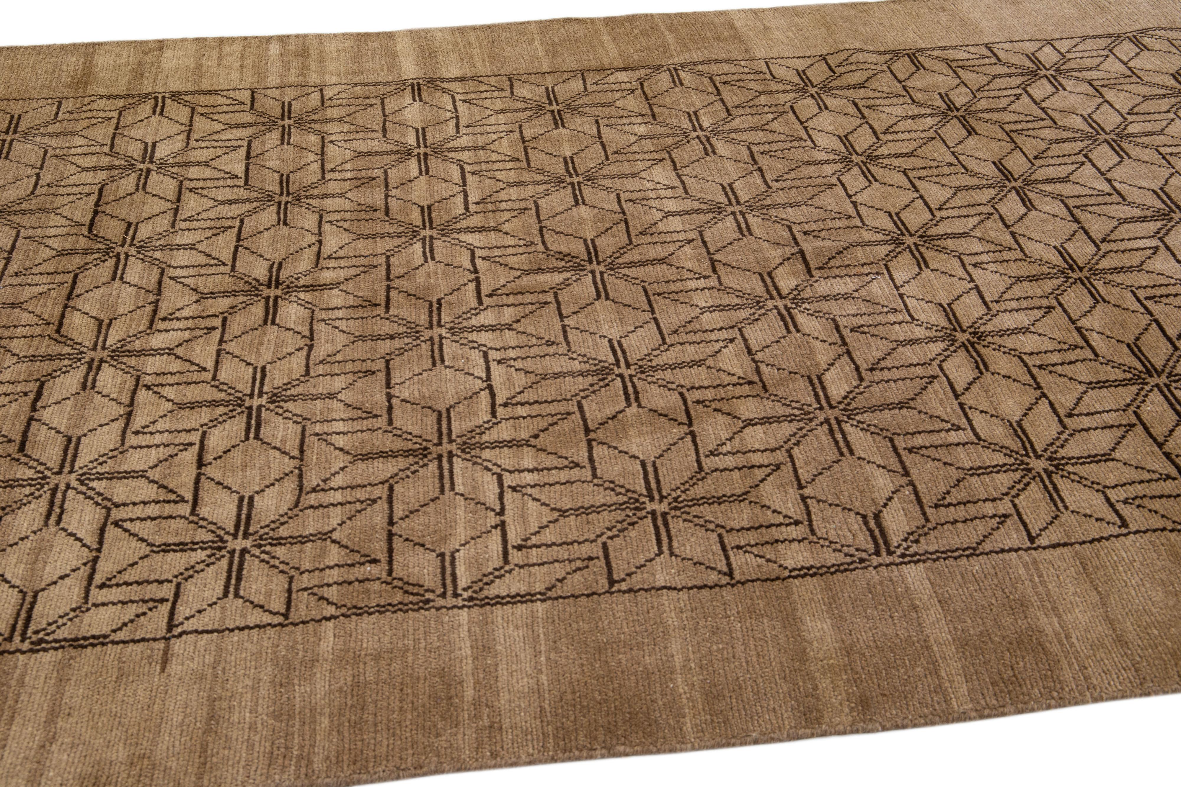 Contemporary Modern Moroccan Style Handmade Brown Geometric Wool Rug by Apadana For Sale