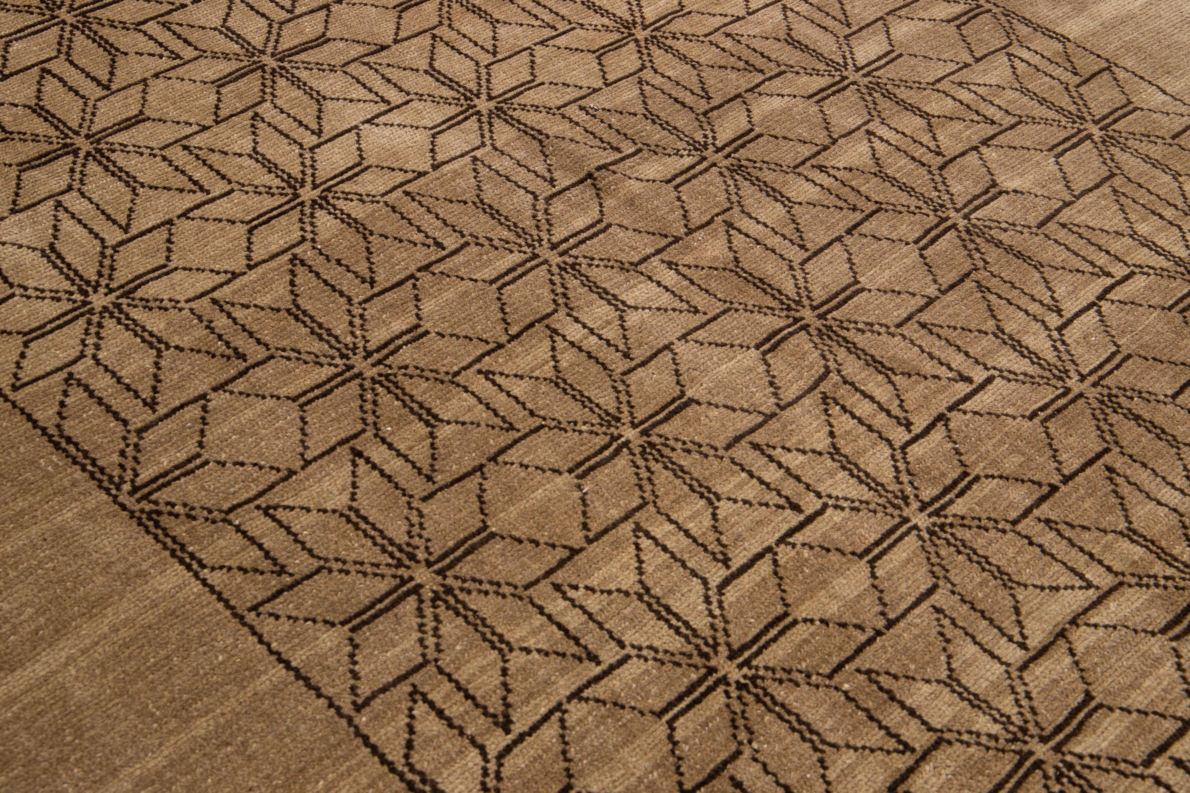 Modern Moroccan Style Handmade Brown Geometric Wool Rug by Apadana For Sale 1