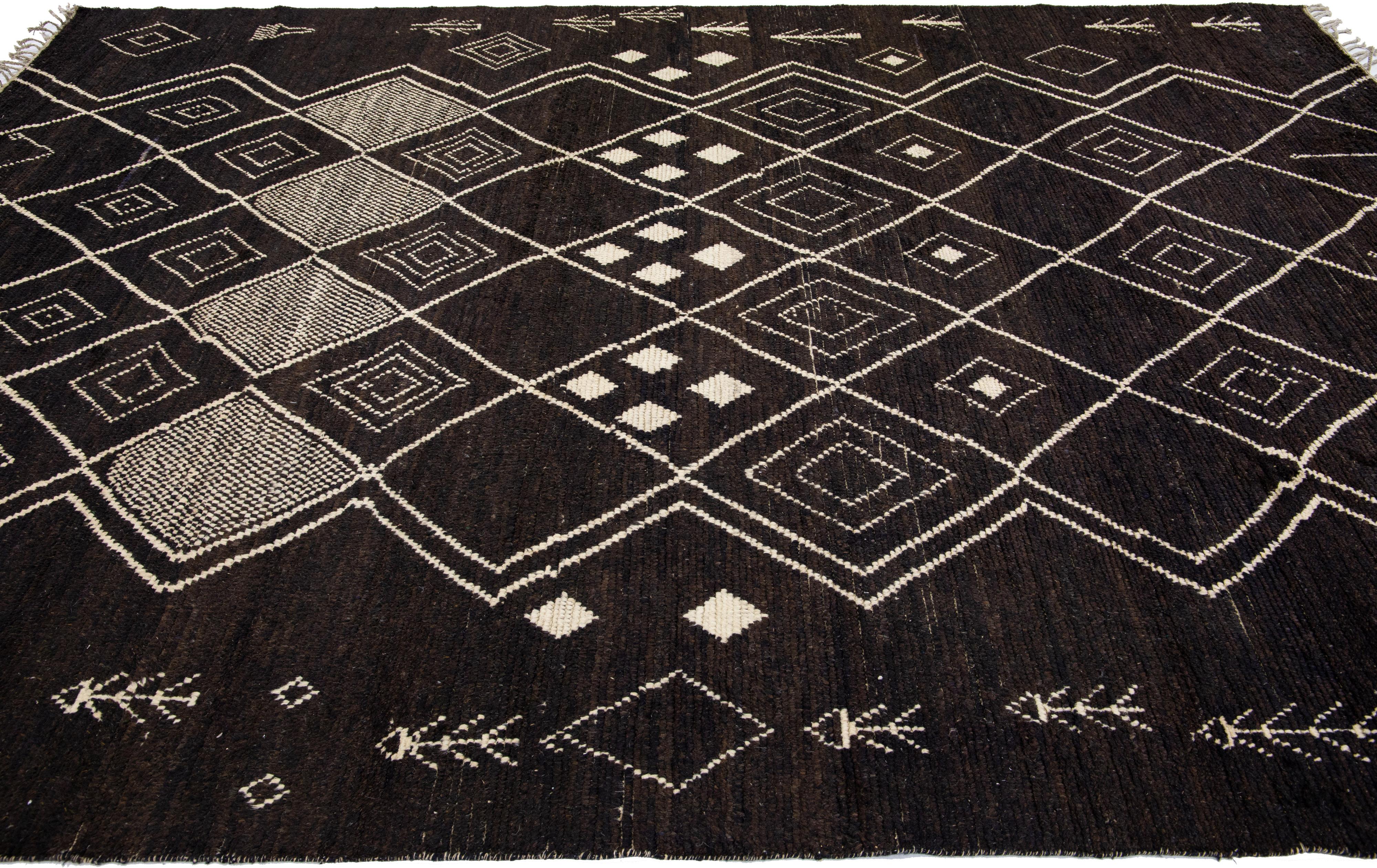 Hand-Knotted Modern Moroccan Style Handmade Brown Tribal Wool Rug For Sale