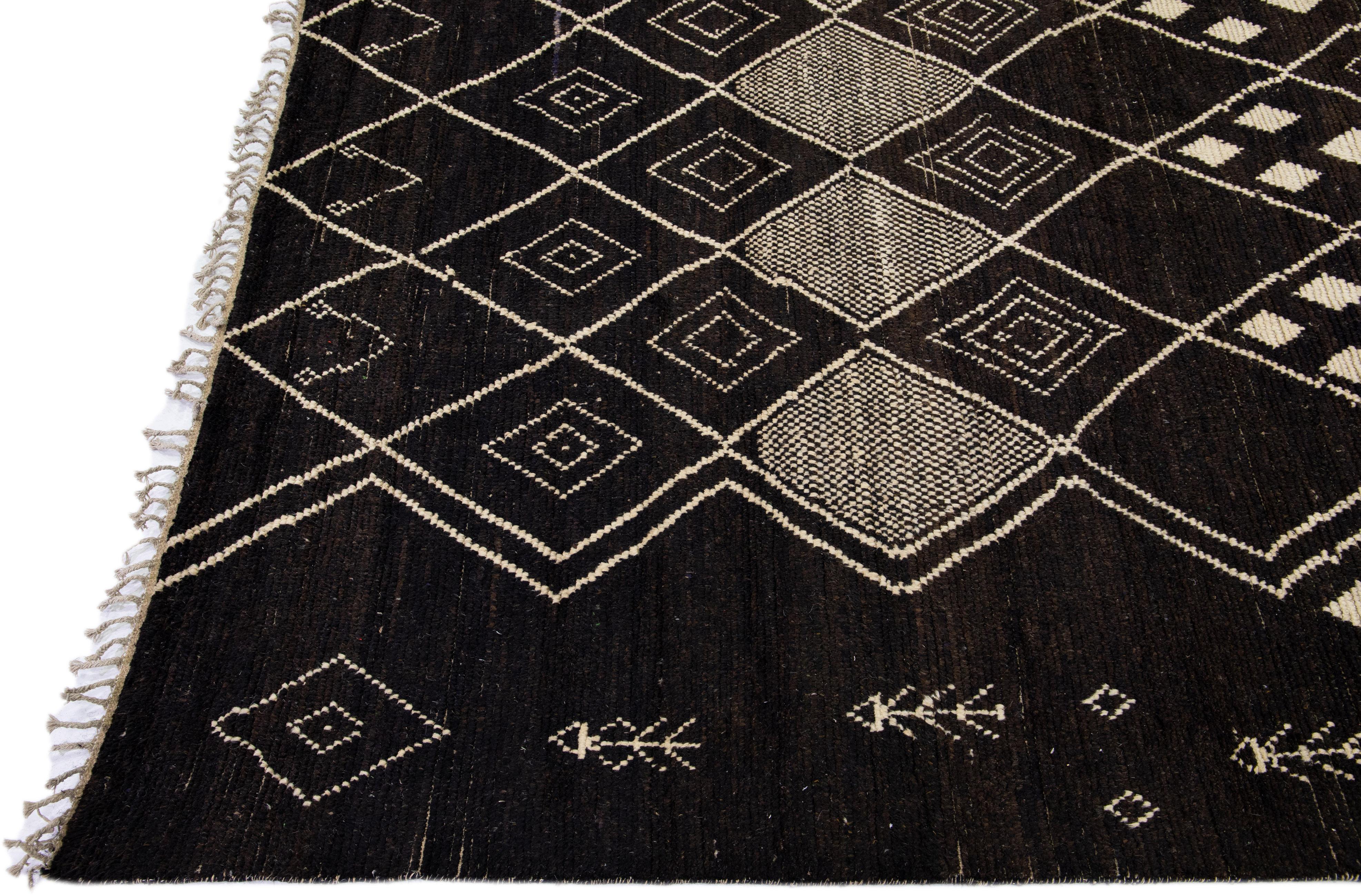 Contemporary Modern Moroccan Style Handmade Brown Tribal Wool Rug For Sale