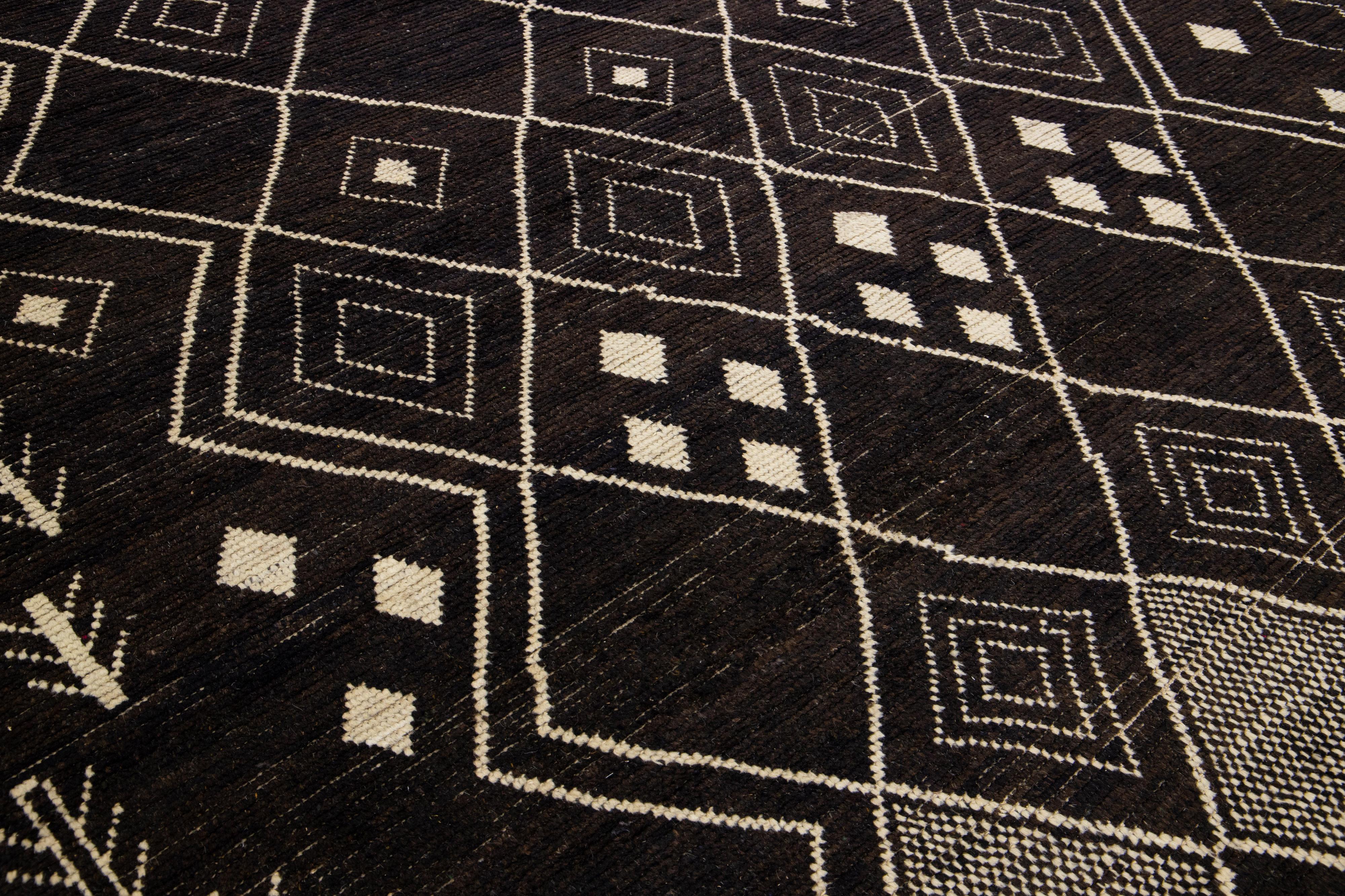 Modern Moroccan Style Handmade Brown Tribal Wool Rug For Sale 3
