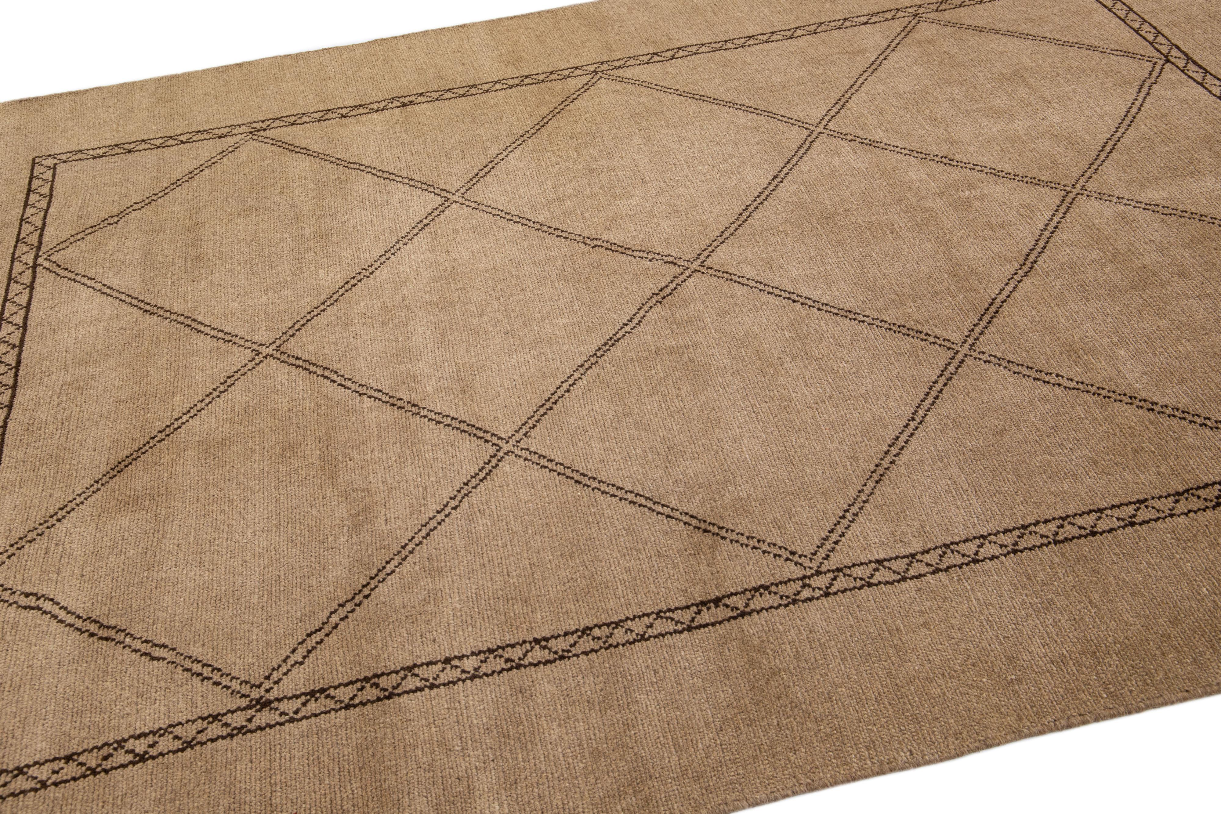 Hand-Knotted Modern Moroccan Style Handmade Brown Wool Rug with Geometric Motif by Apadana For Sale