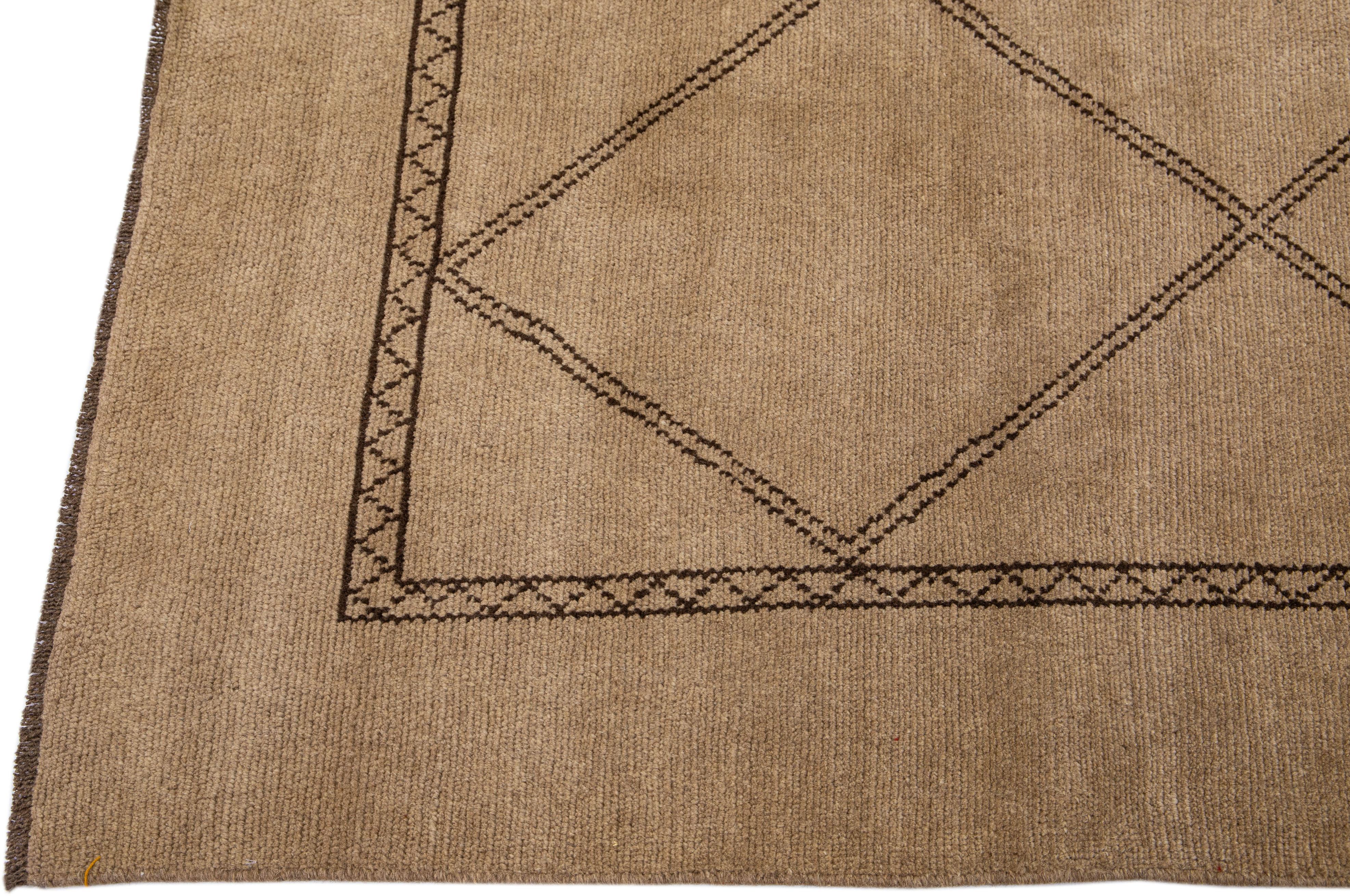 Modern Moroccan Style Handmade Brown Wool Rug with Geometric Motif by Apadana In New Condition For Sale In Norwalk, CT