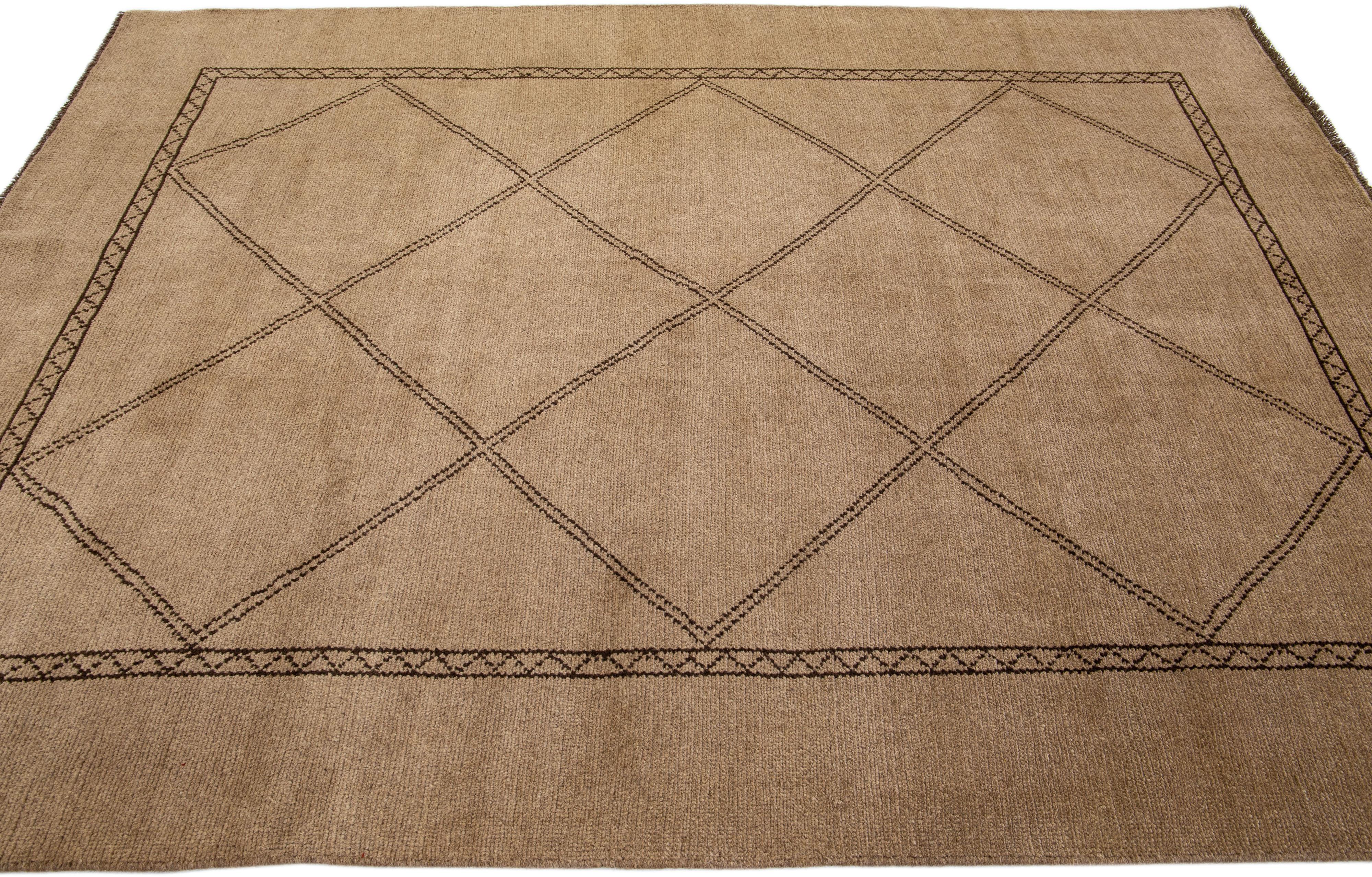 Contemporary Modern Moroccan Style Handmade Brown Wool Rug with Geometric Motif by Apadana For Sale
