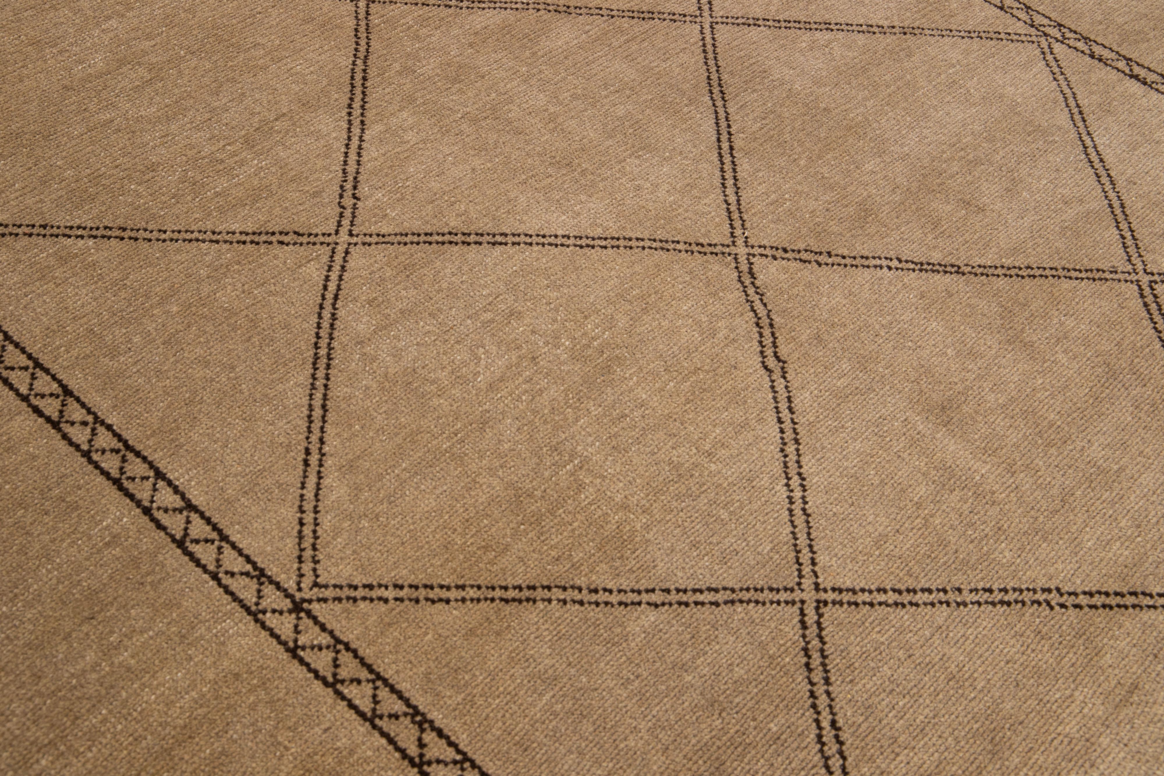 Modern Moroccan Style Handmade Brown Wool Rug with Geometric Motif by Apadana For Sale 1