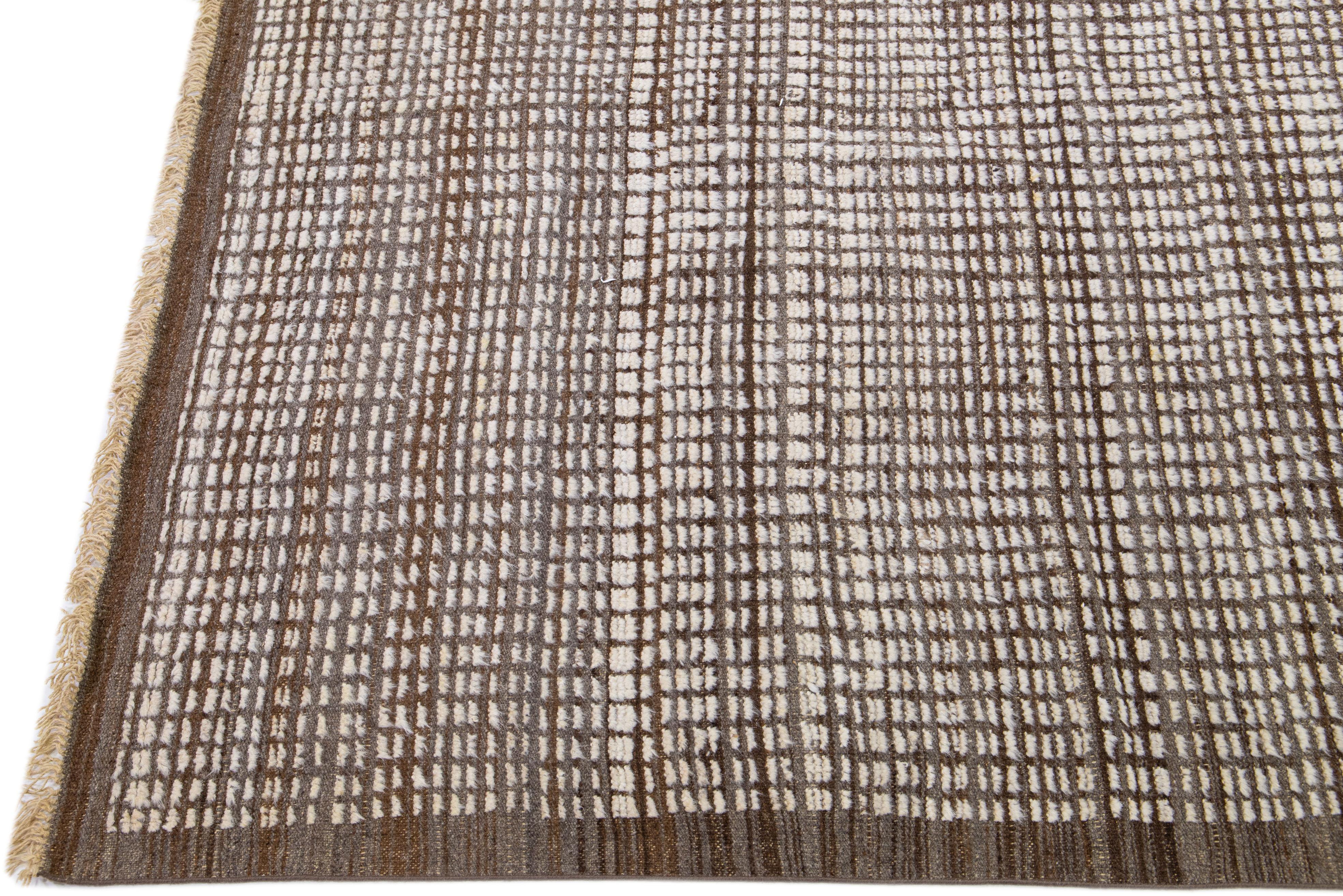 Hand-Knotted Modern Moroccan Style Handmade Brown Wool Rug with Minimalist Design For Sale
