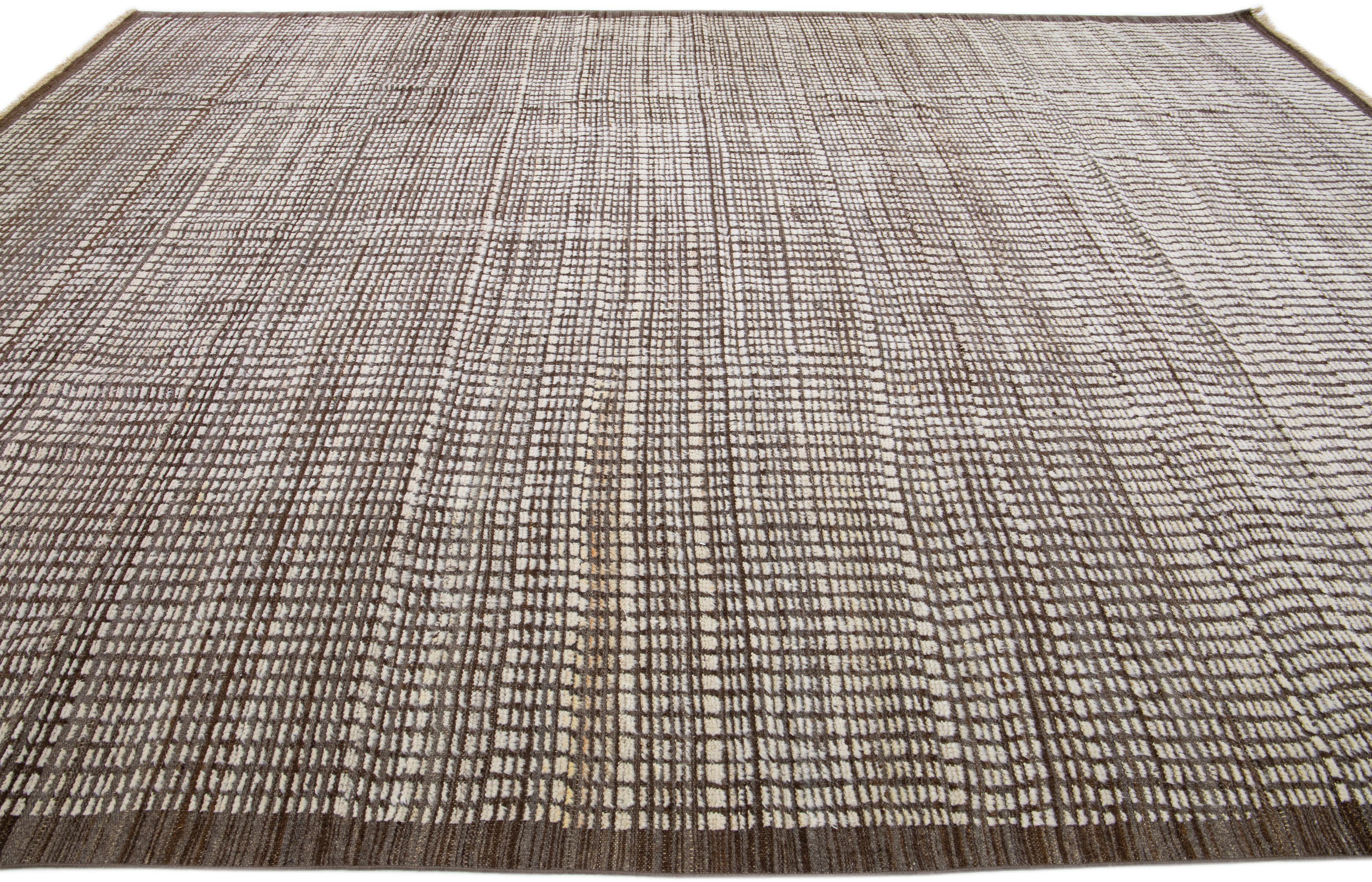 Modern Moroccan Style Handmade Brown Wool Rug with Minimalist Design In New Condition For Sale In Norwalk, CT