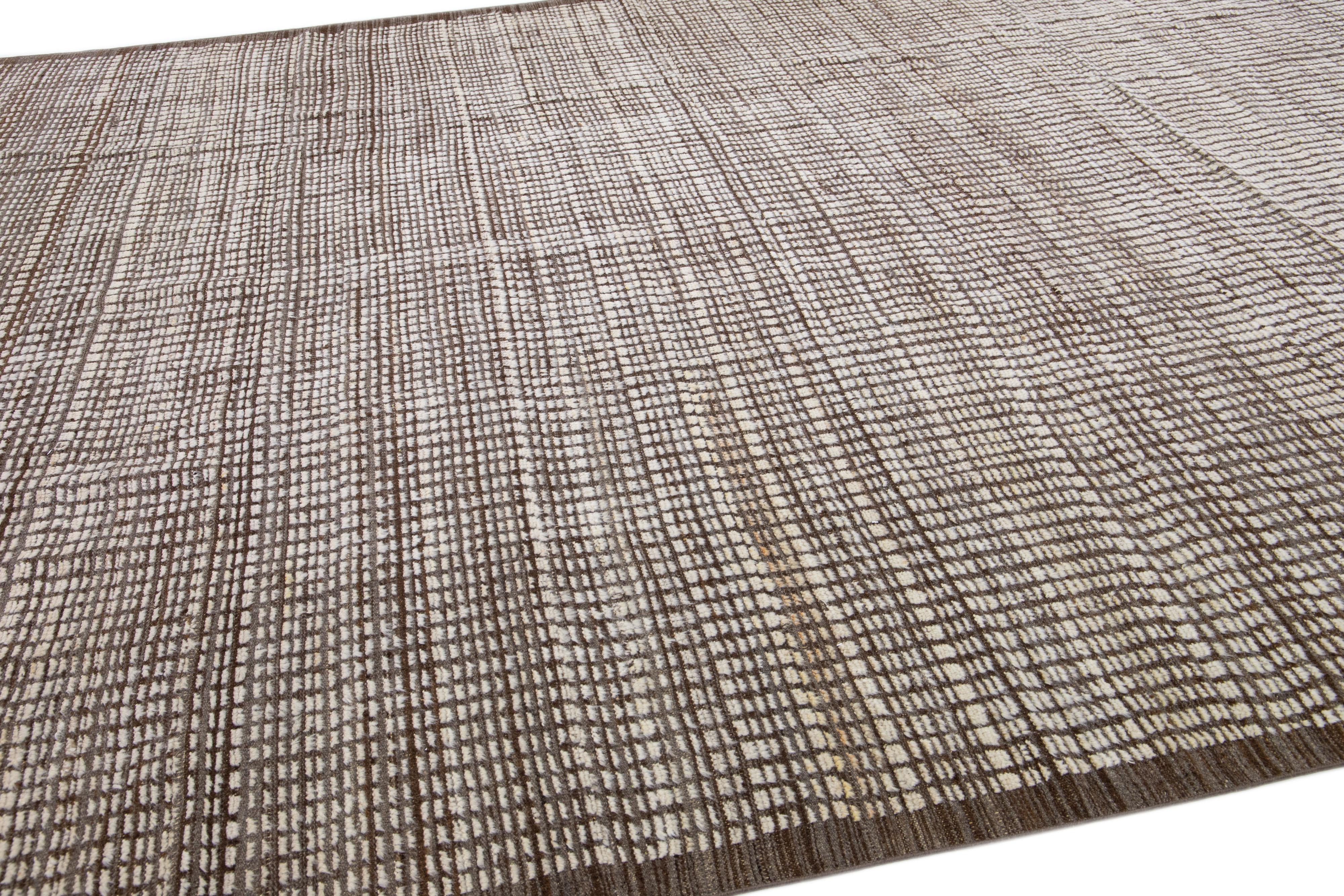 Modern Moroccan Style Handmade Brown Wool Rug with Minimalist Design For Sale 1