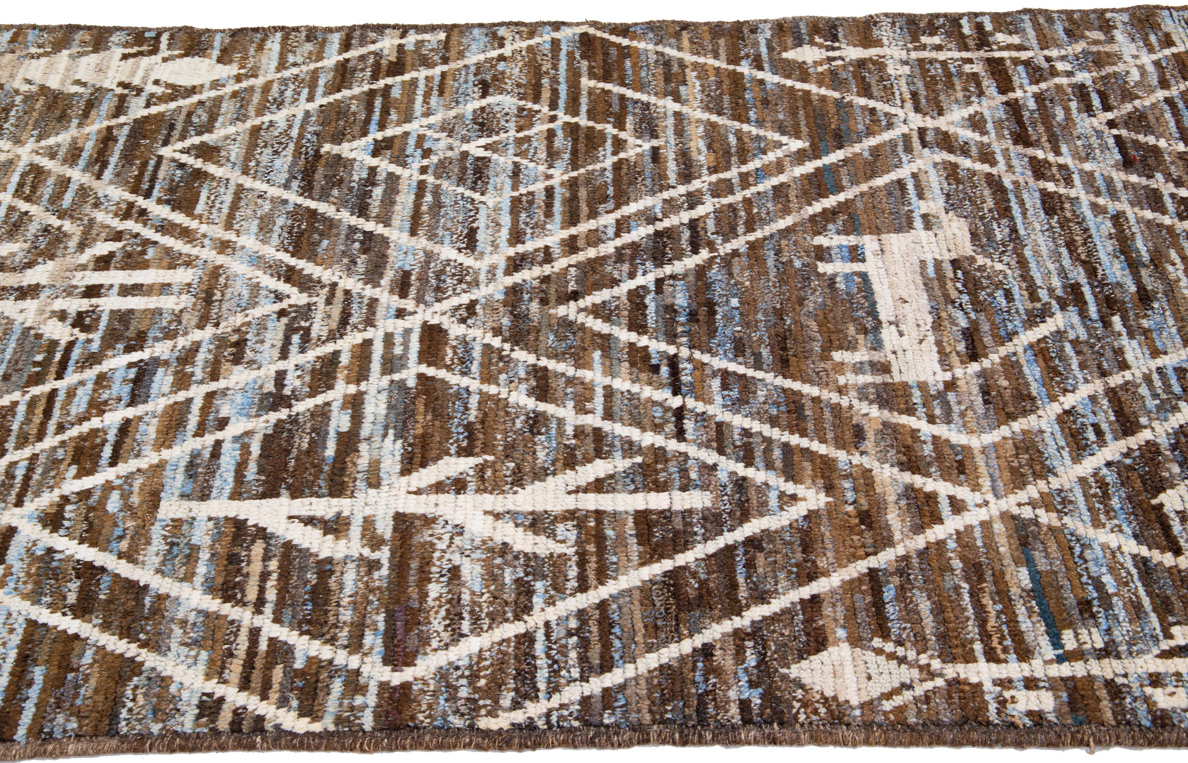 Modern Moroccan Style Handmade Brown Wool Runner with Tribal Pattern In New Condition For Sale In Norwalk, CT