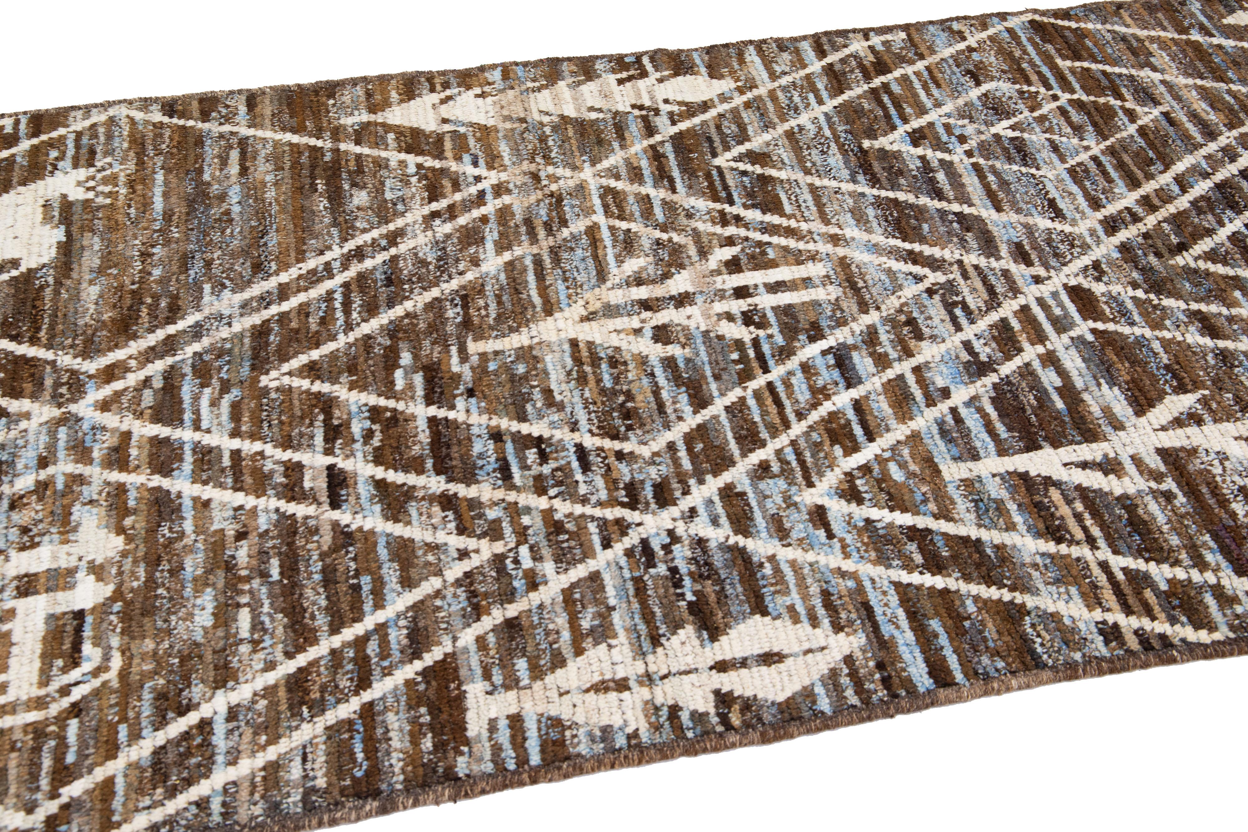 Contemporary Modern Moroccan Style Handmade Brown Wool Runner with Tribal Pattern For Sale