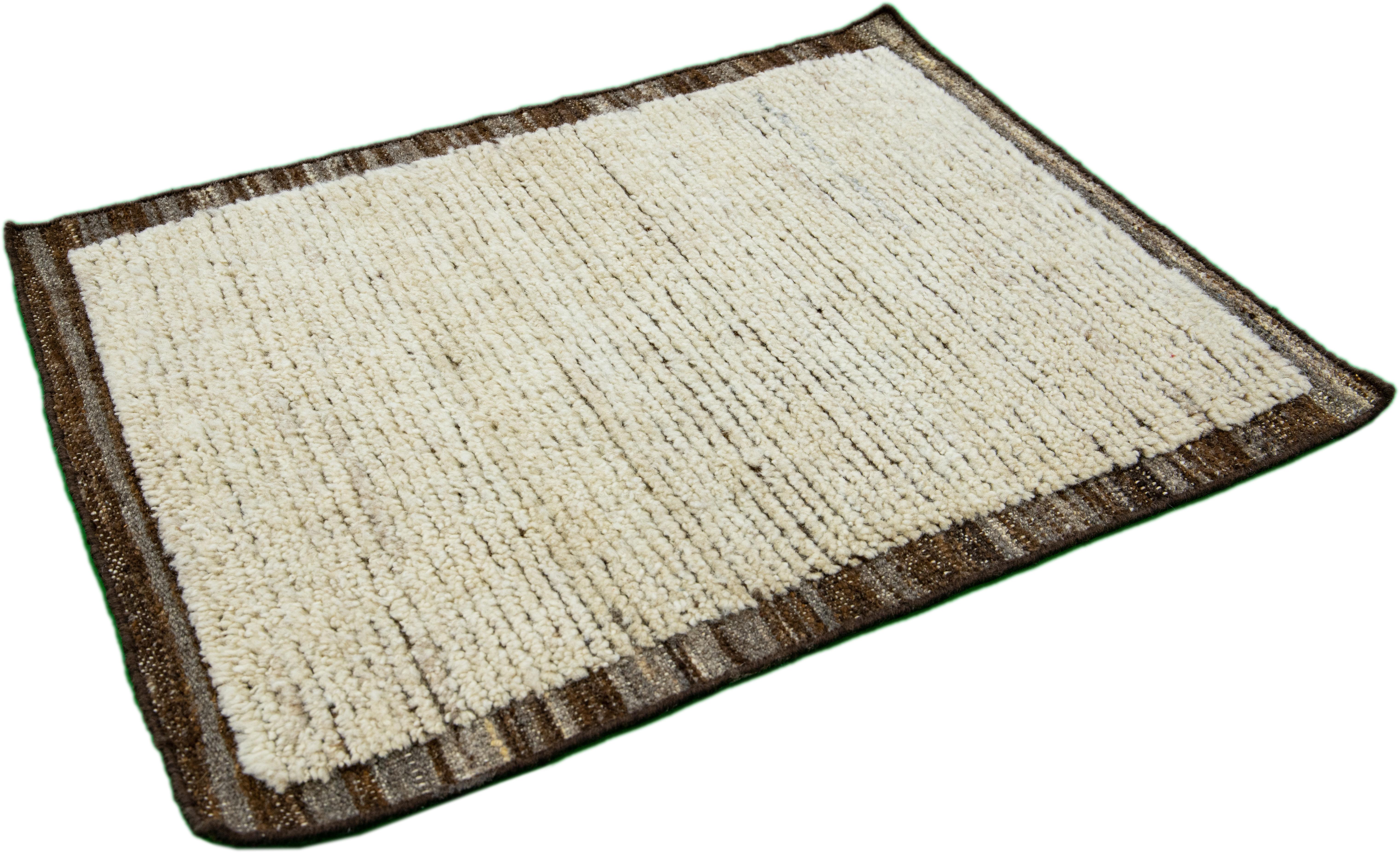 Indian Modern Moroccan Style Handmade Custom Beige/Brown Wool Rug For Sale