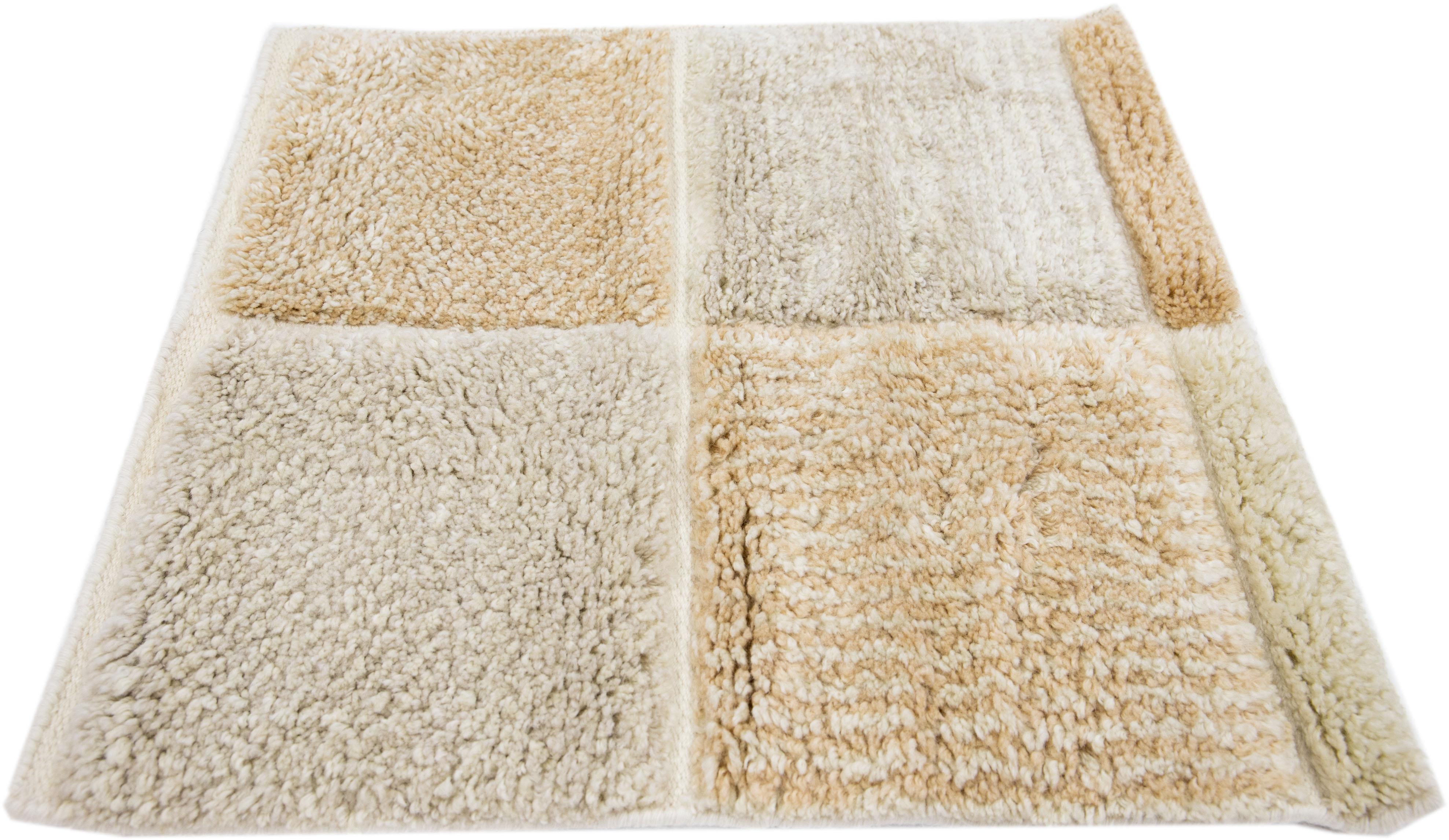 Hand-Knotted Modern Moroccan Style Handmade Custom Beige Wool Rug For Sale