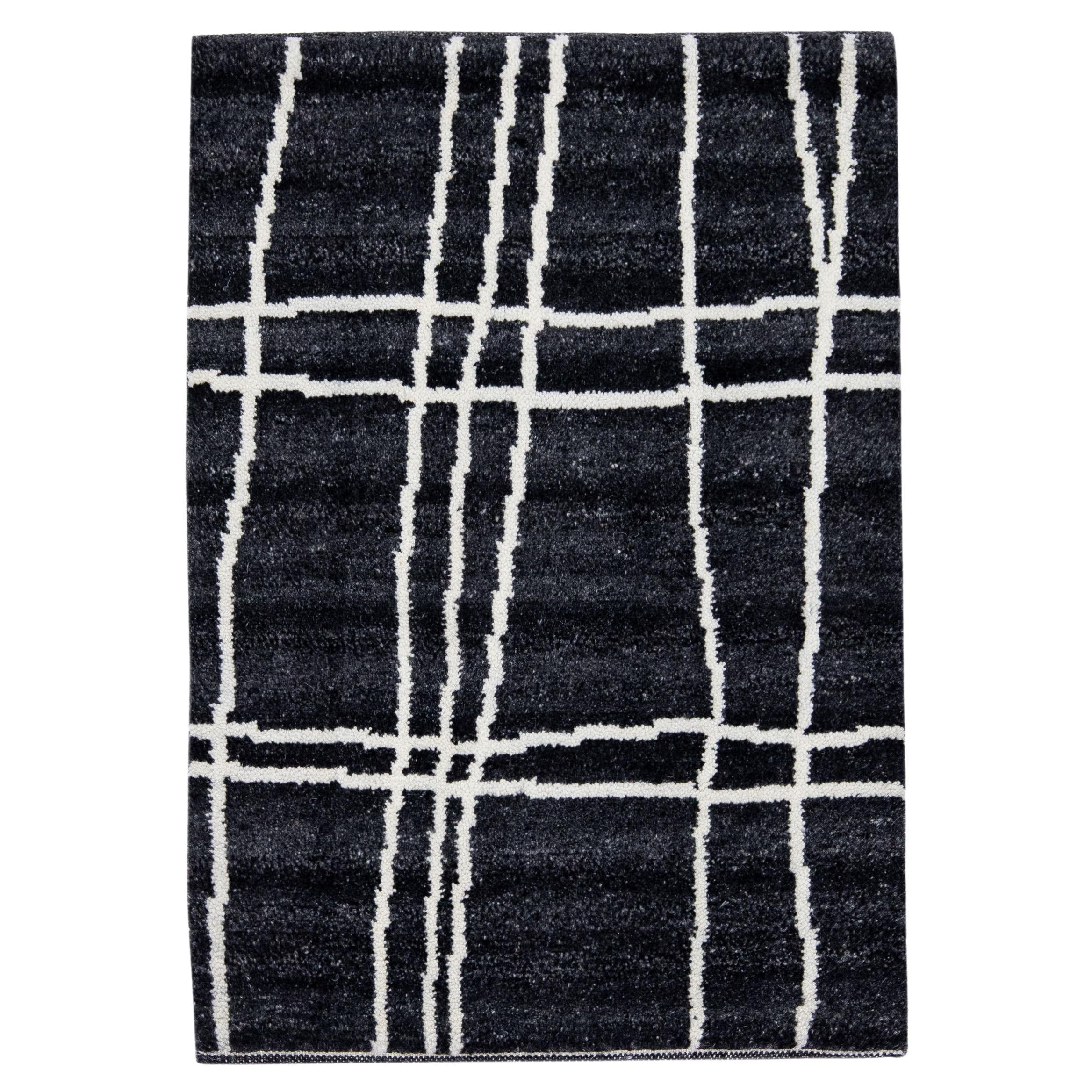Modern Moroccan Style Handmade Custom Black Wool Rug