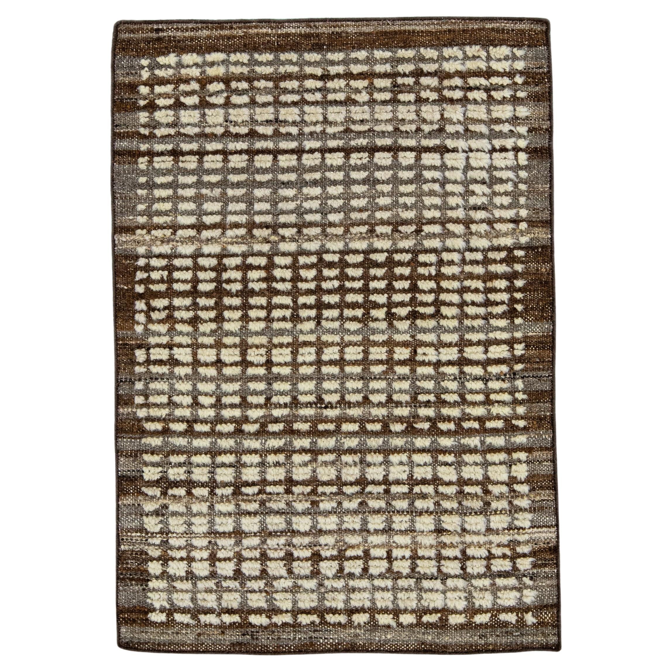 Modern Moroccan Style Handmade Custom Brown Wool Rug For Sale