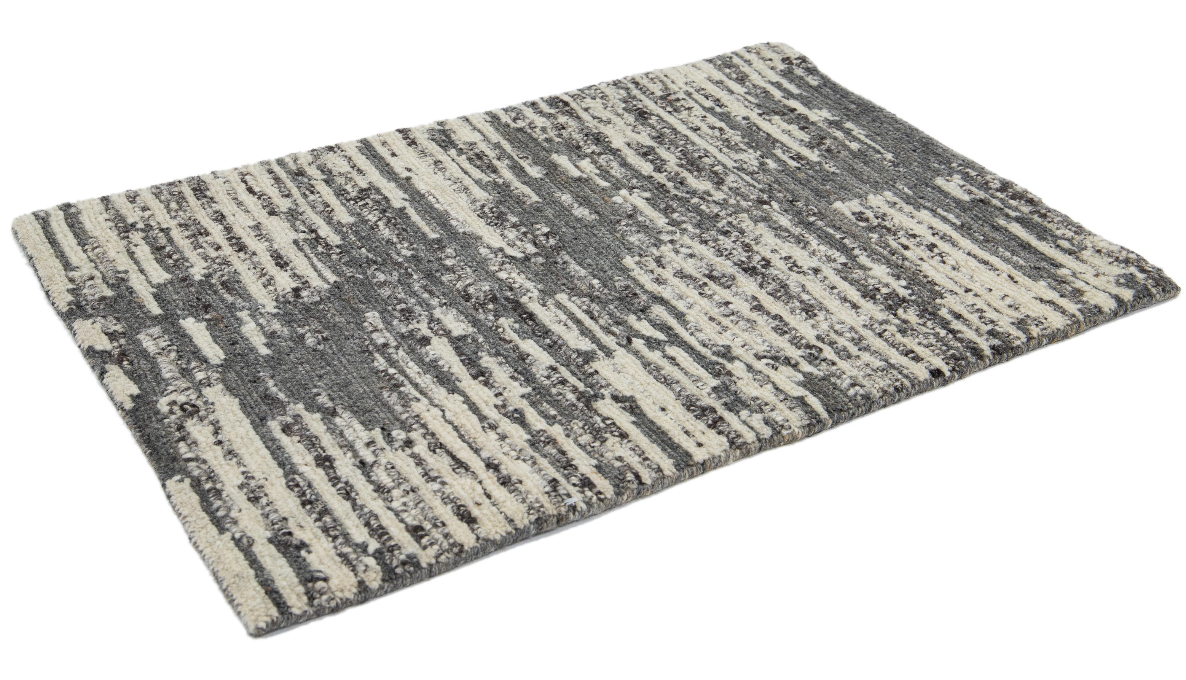 Hand-Knotted Modern Moroccan Style Handmade Custom Gray Wool Rug For Sale