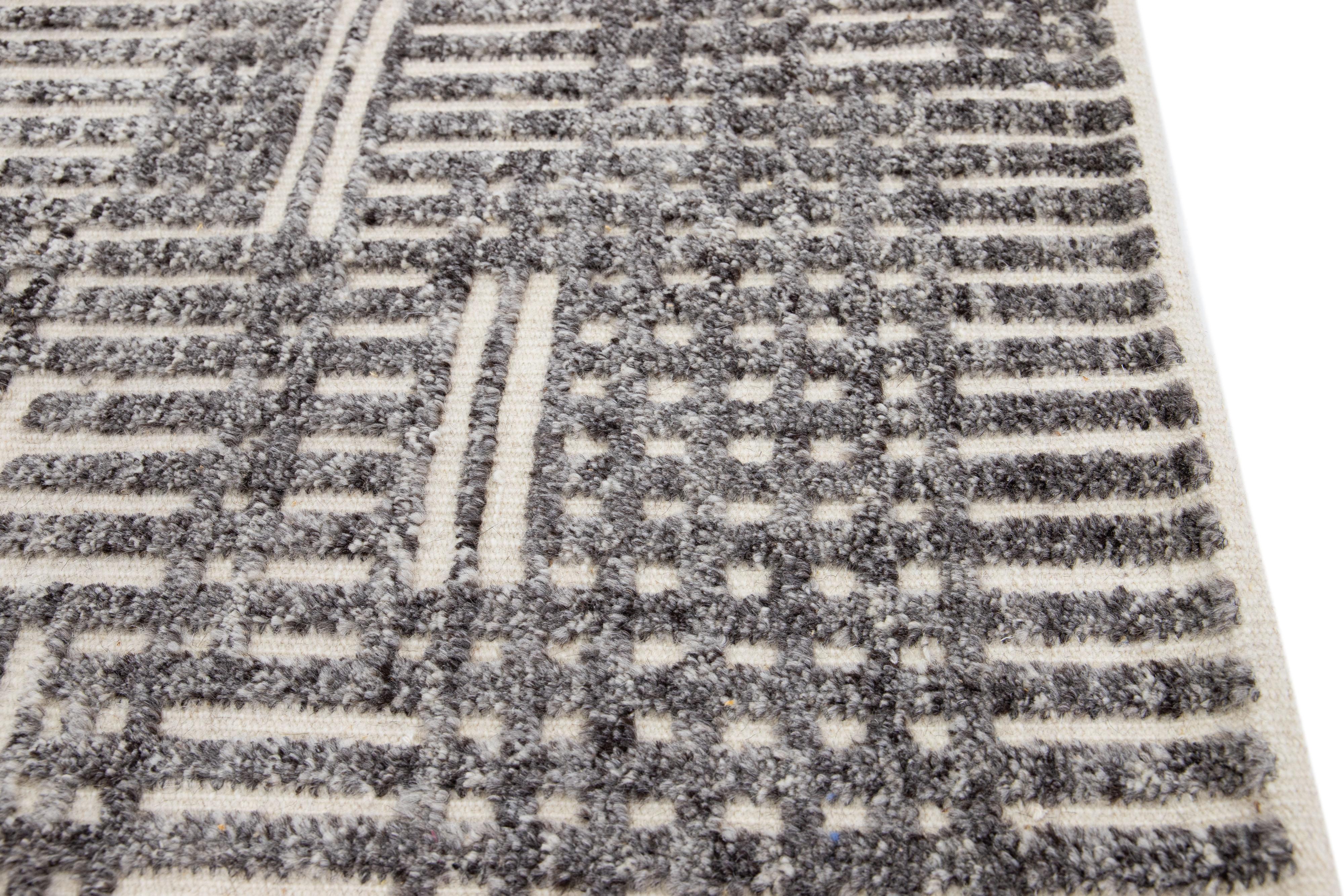 Hand-Knotted Modern Moroccan Style Handmade Custom Gray Wool Rug For Sale
