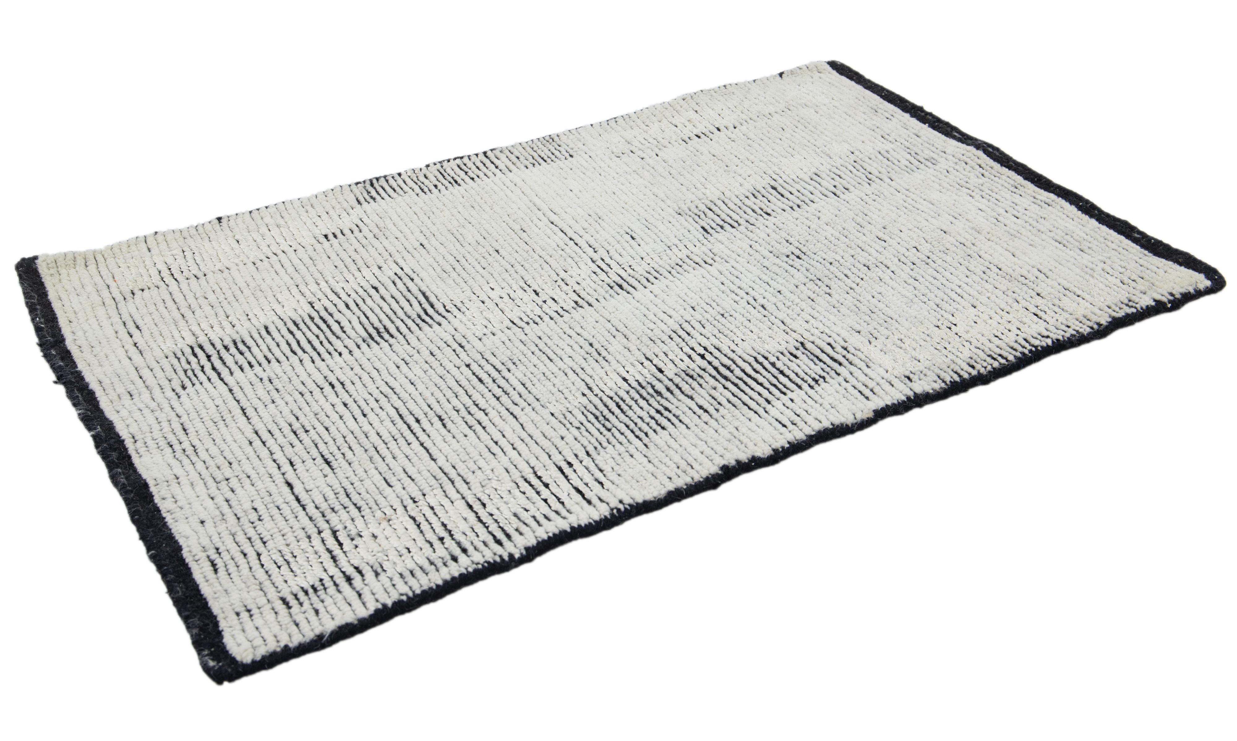Hand-Knotted Modern Moroccan Style Handmade Custom Ivory/Black Wool Rug For Sale