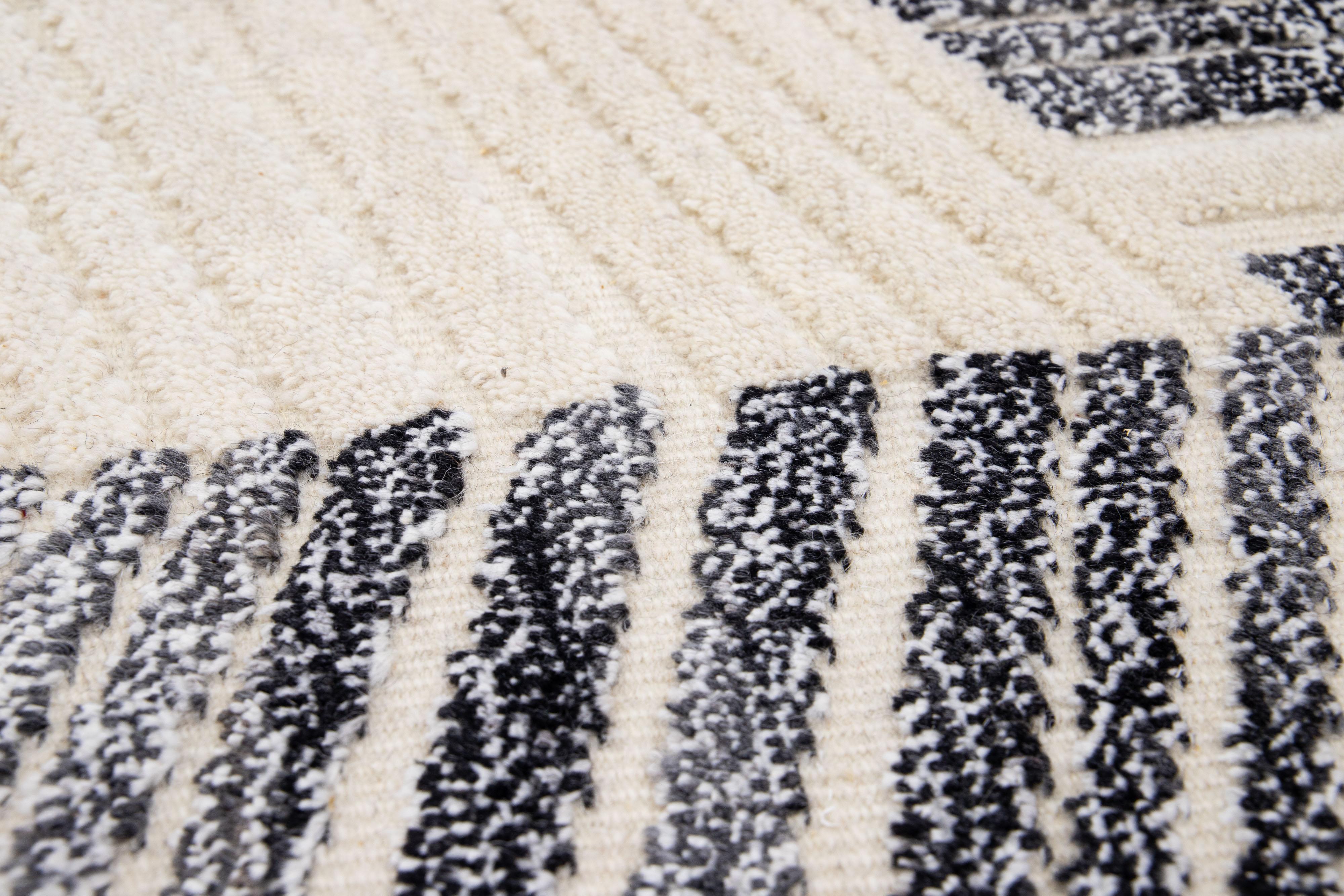 Hand-Knotted Modern Moroccan Style Handmade Custom Ivory Wool Rug For Sale