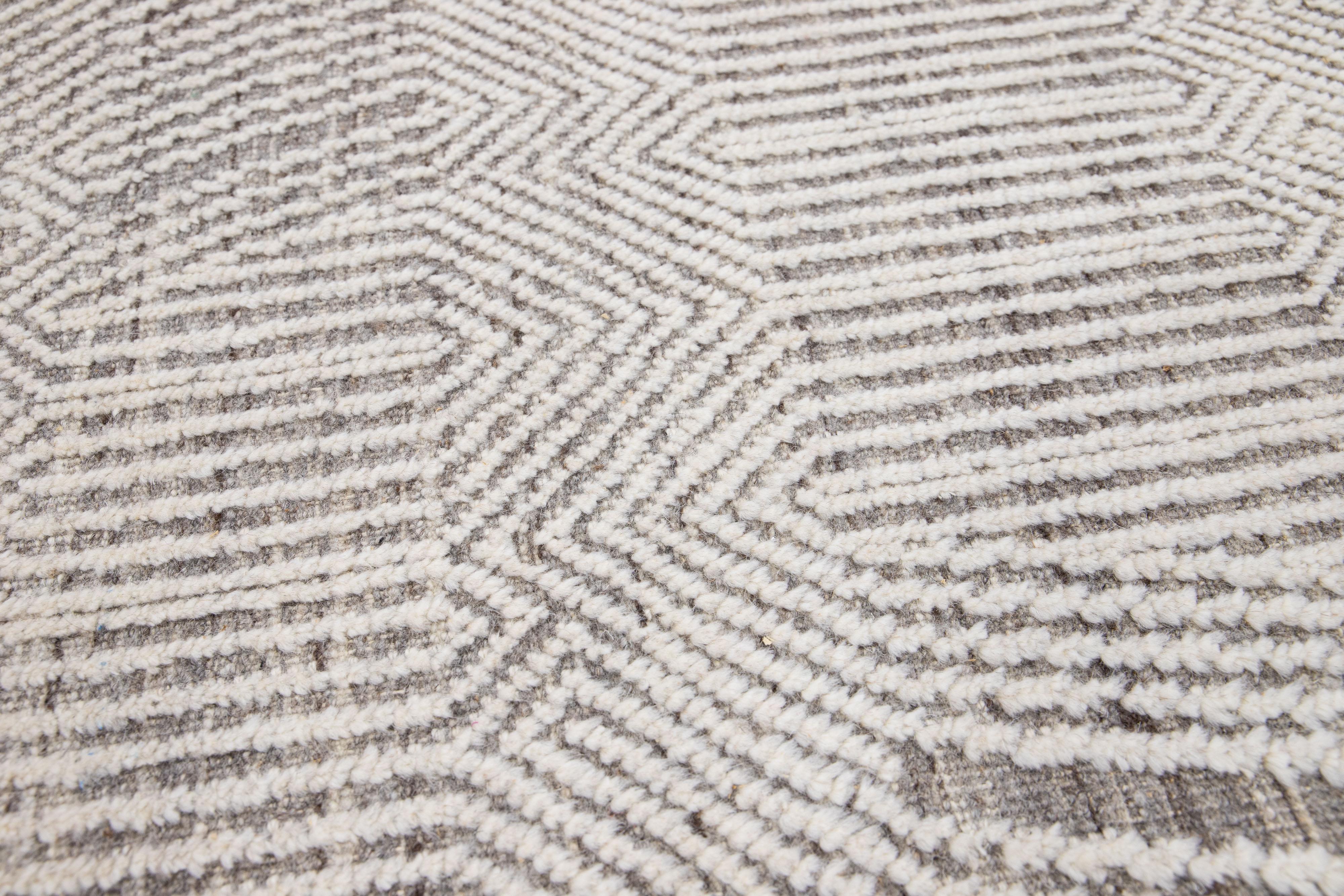 Hand-Knotted Modern Moroccan Style Handmade Custom Ivory Wool Rug For Sale