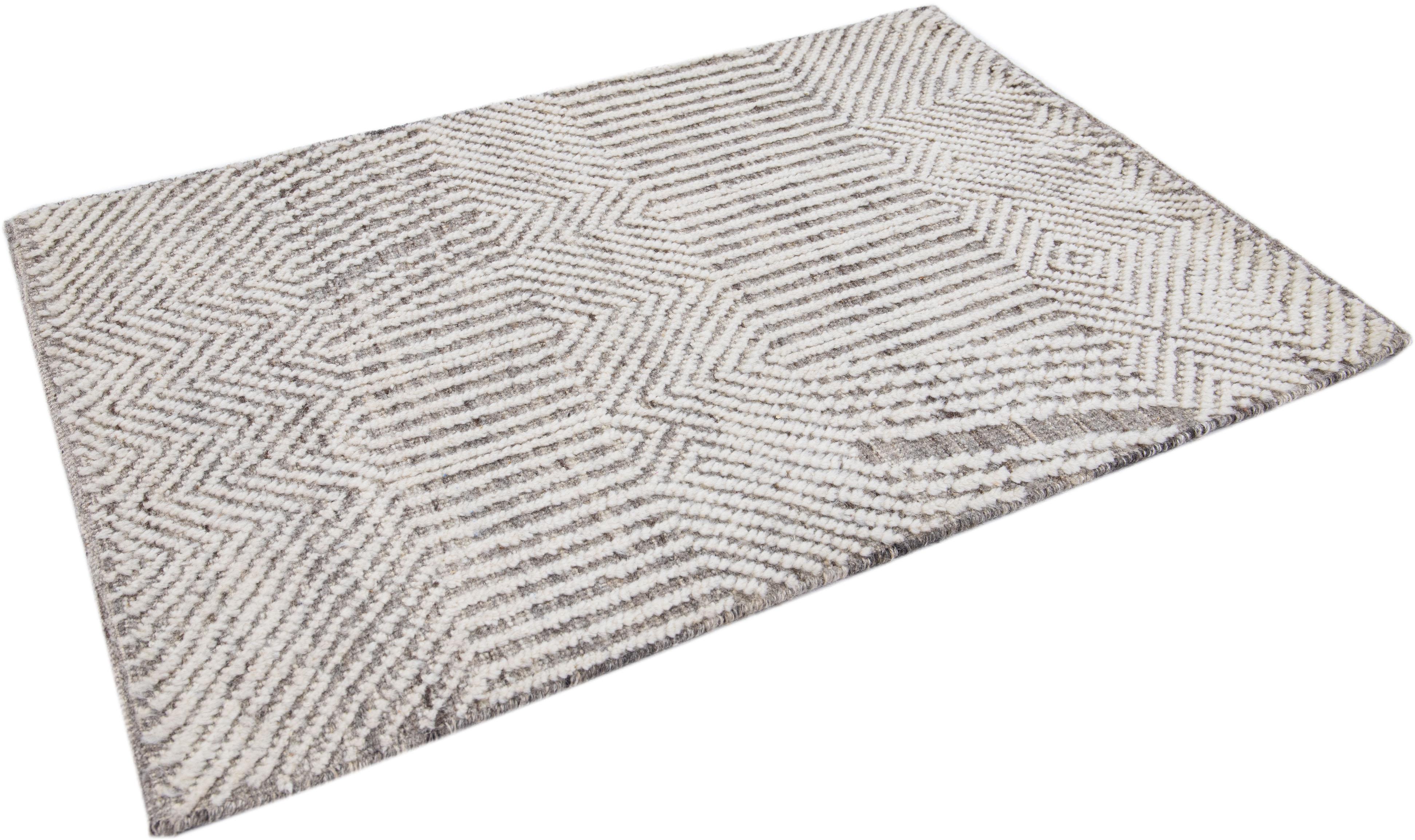 Modern Moroccan Style Handmade Custom Ivory Wool Rug In New Condition For Sale In Norwalk, CT