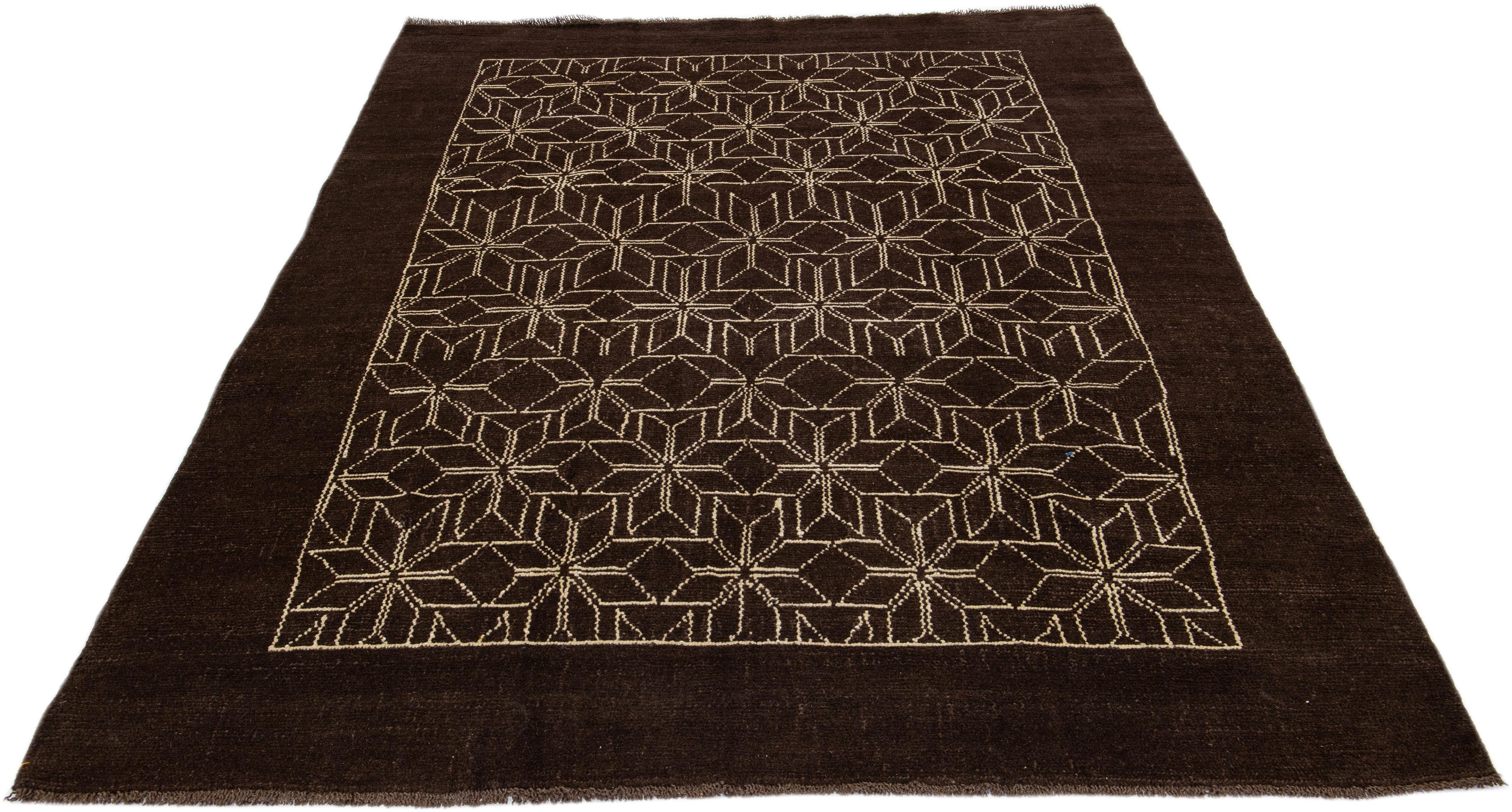 Afghan Modern Moroccan Style Handmade Dark Brown Wool Rug by Apadana For Sale