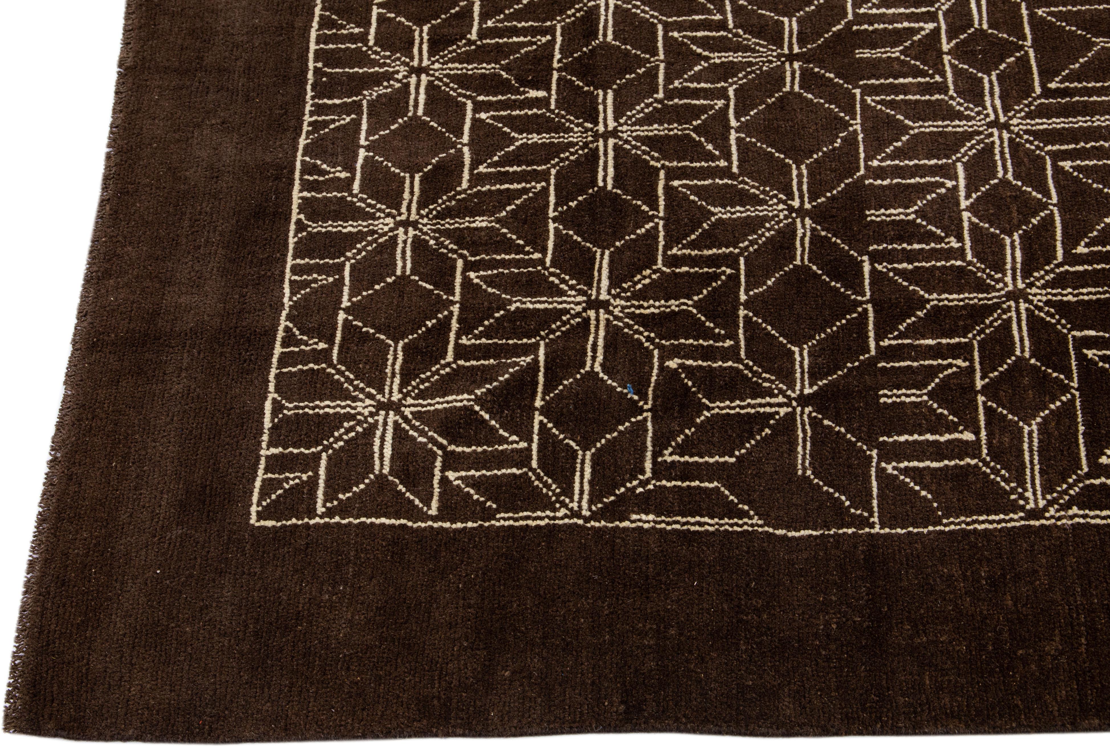 Hand-Knotted Modern Moroccan Style Handmade Dark Brown Wool Rug by Apadana For Sale