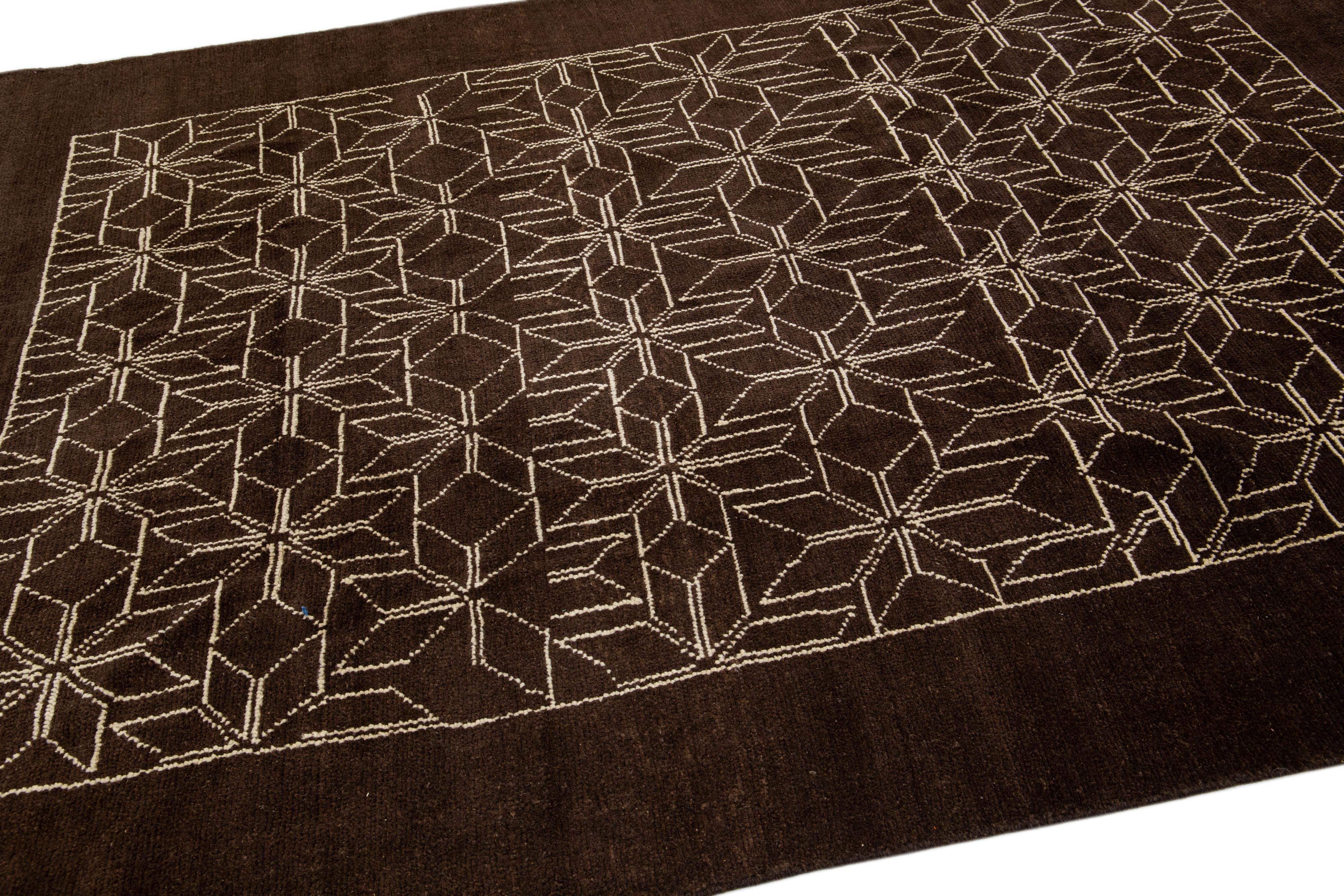 Modern Moroccan Style Handmade Dark Brown Wool Rug by Apadana In New Condition For Sale In Norwalk, CT