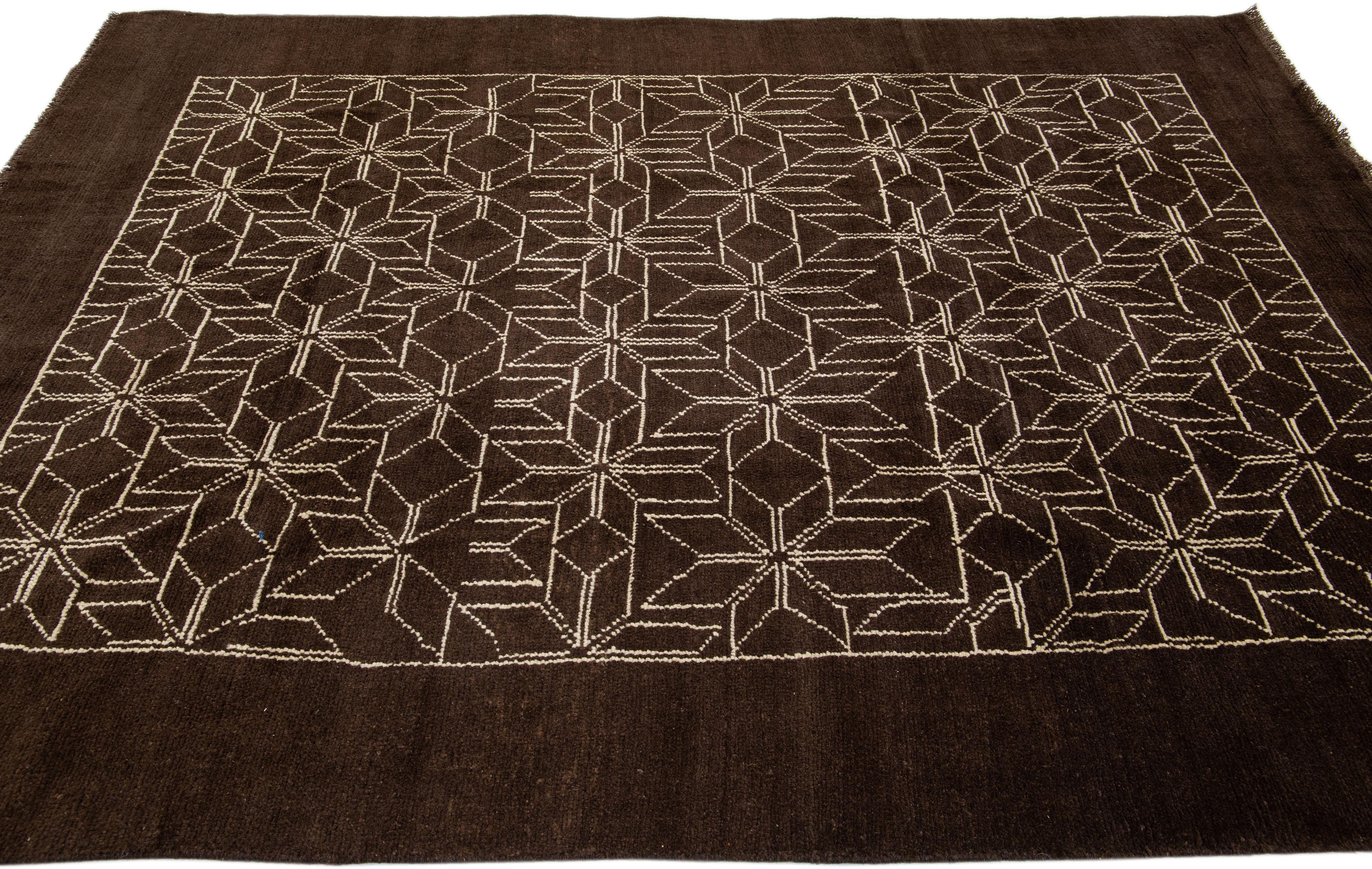 Contemporary Modern Moroccan Style Handmade Dark Brown Wool Rug by Apadana For Sale
