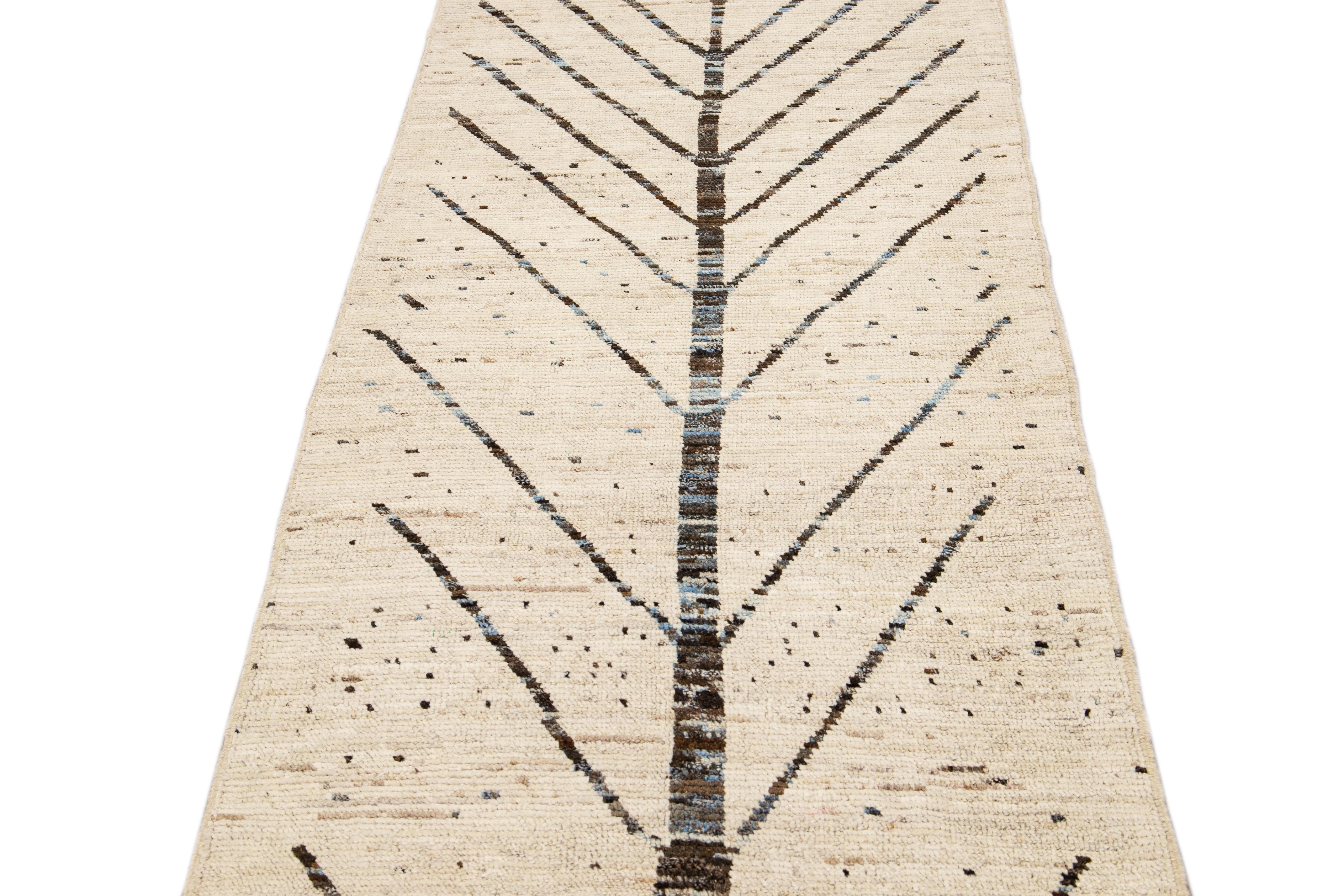 Bohemian Modern Moroccan Style Handmade Designed Beige Boho Wool Runner For Sale