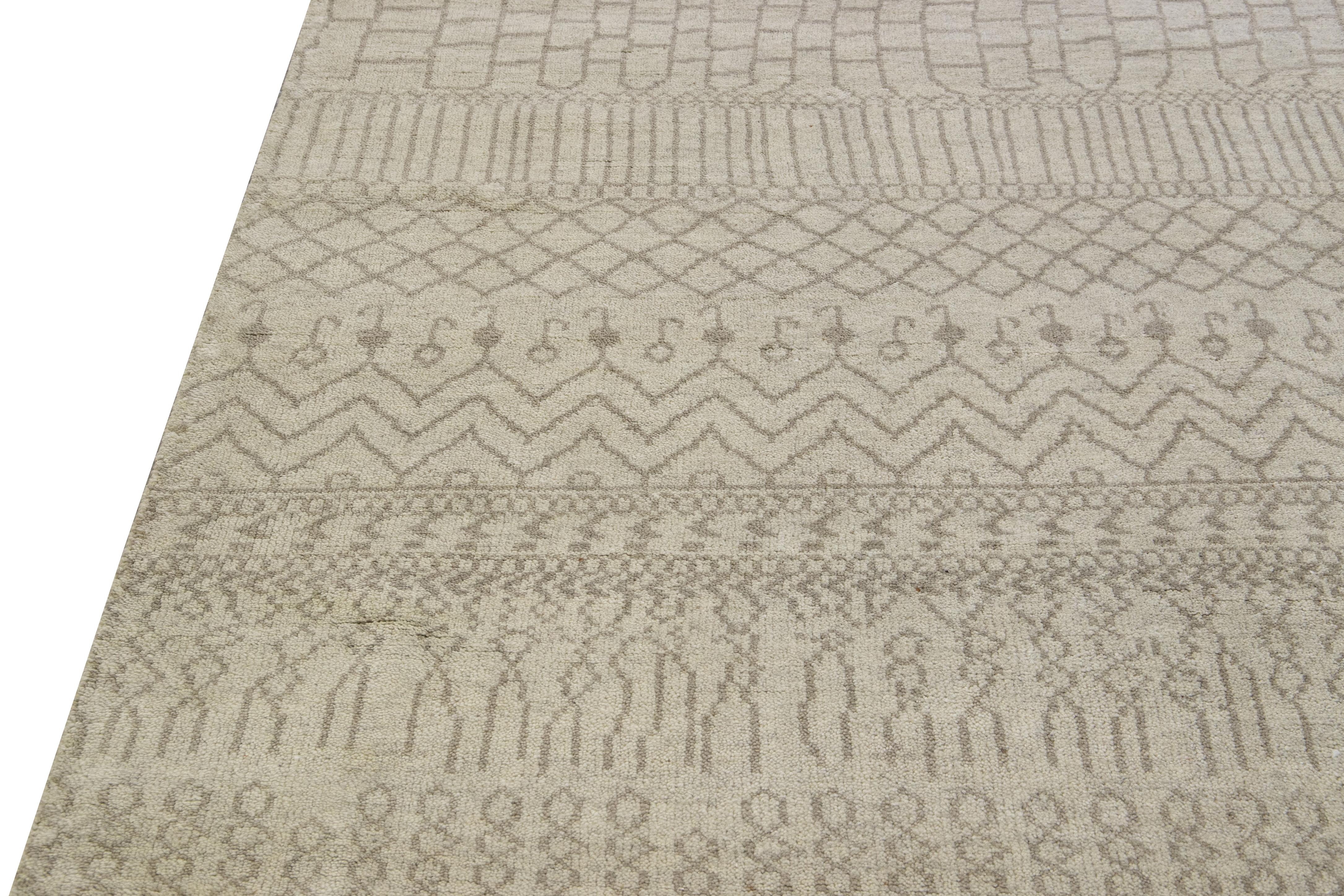 Indian Modern Moroccan Style Handmade Designed Beige Wool Rug For Sale