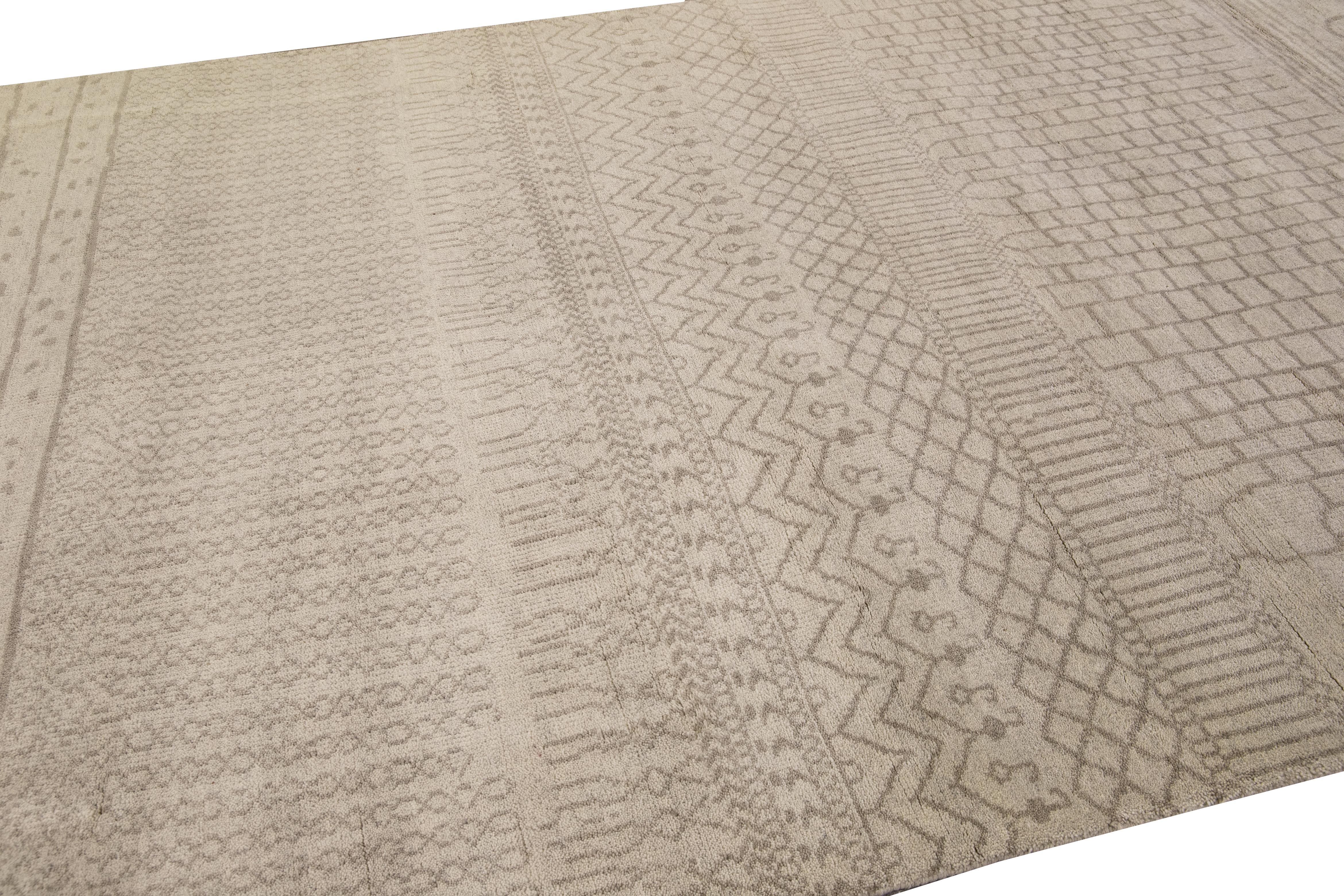 Hand-Knotted Modern Moroccan Style Handmade Designed Beige Wool Rug For Sale