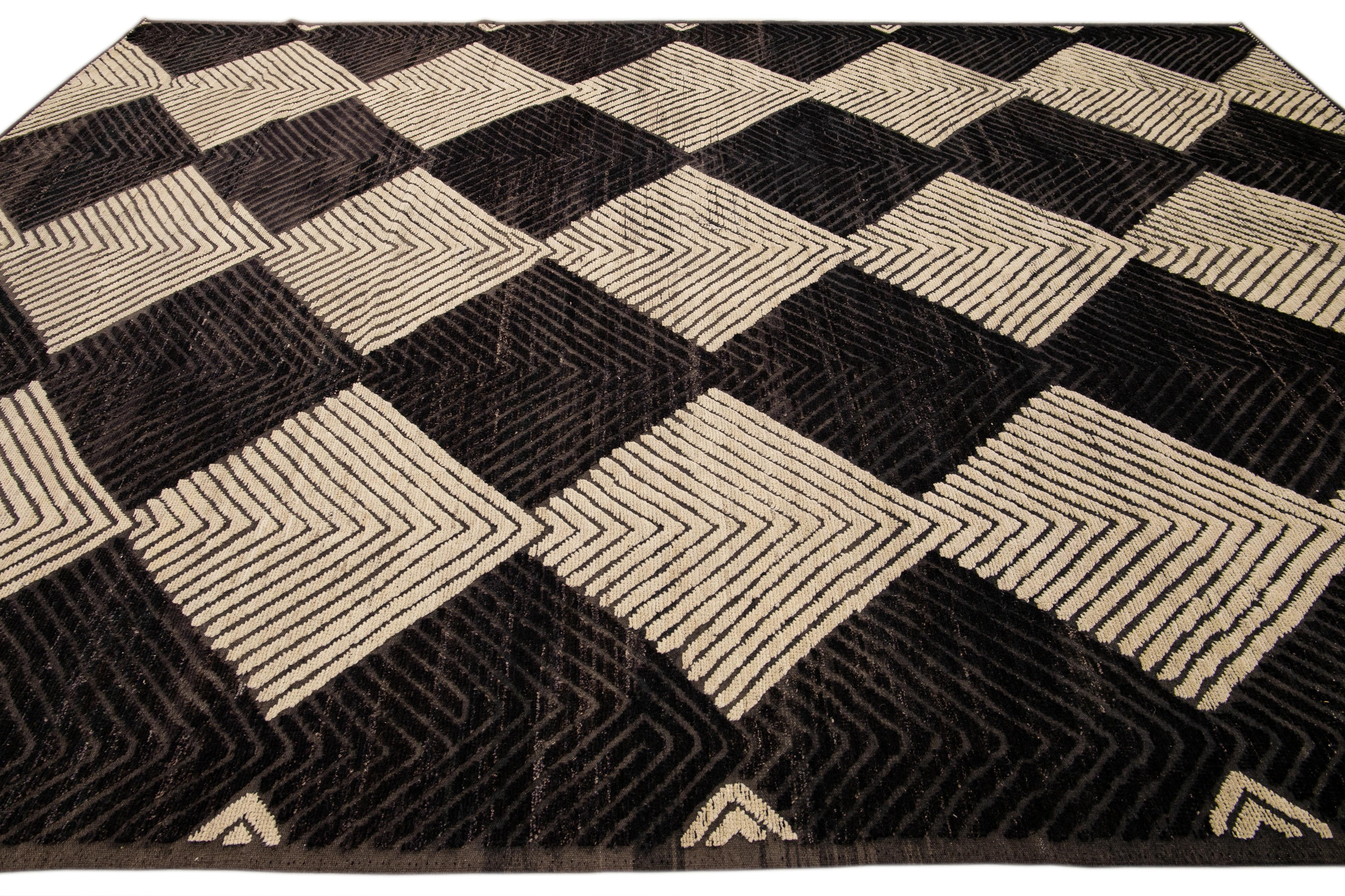 Hand-Knotted Modern Moroccan Style Handmade Diamond Abstract Motif Brown Wool Rug For Sale