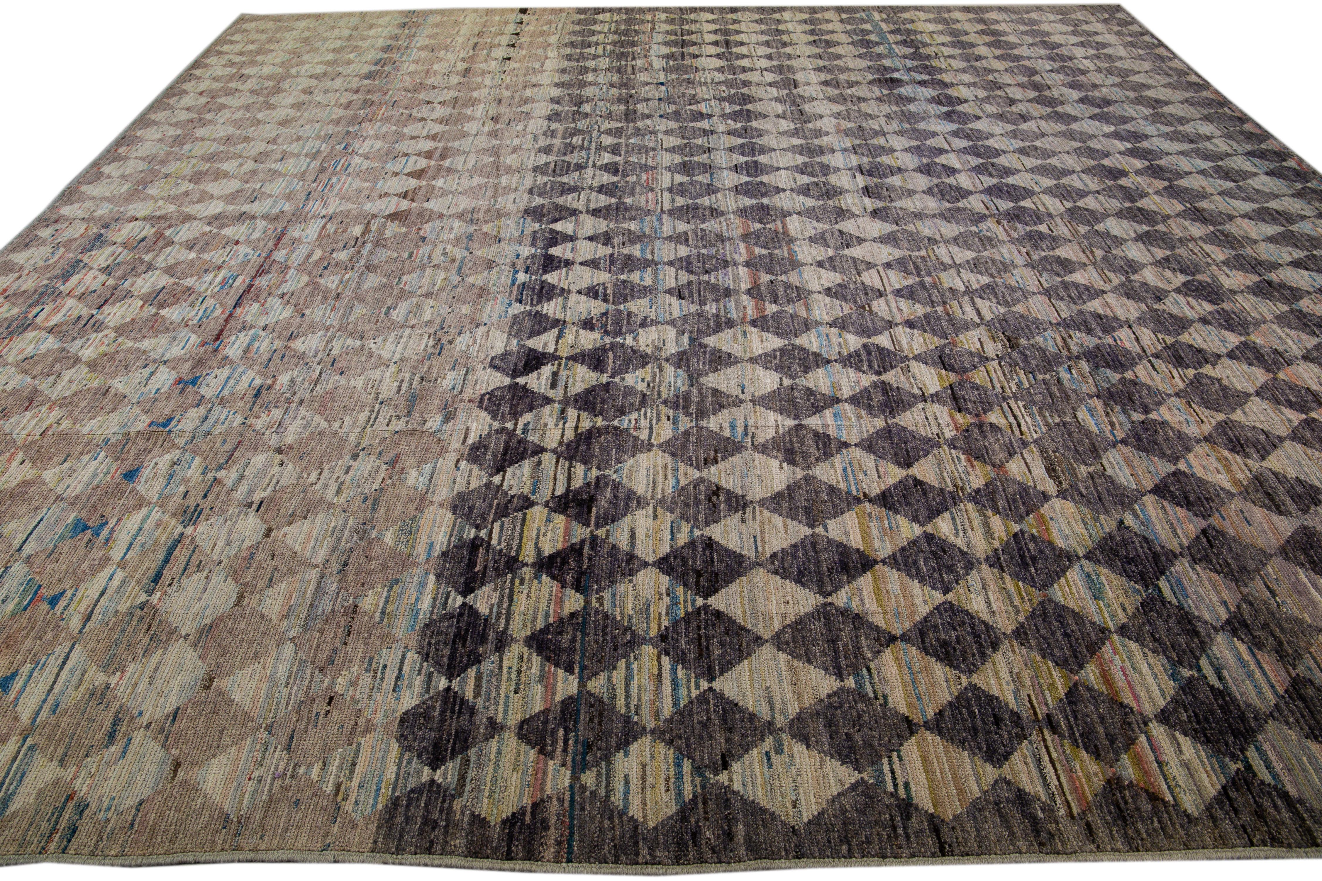 Bohemian Modern Moroccan Style Handmade Diamond Check Pattern Brown Square Wool Rug For Sale