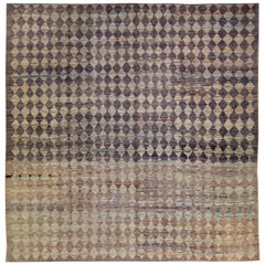 Modern Moroccan Style Handmade Diamond Check Pattern Brown Square Wool Rug