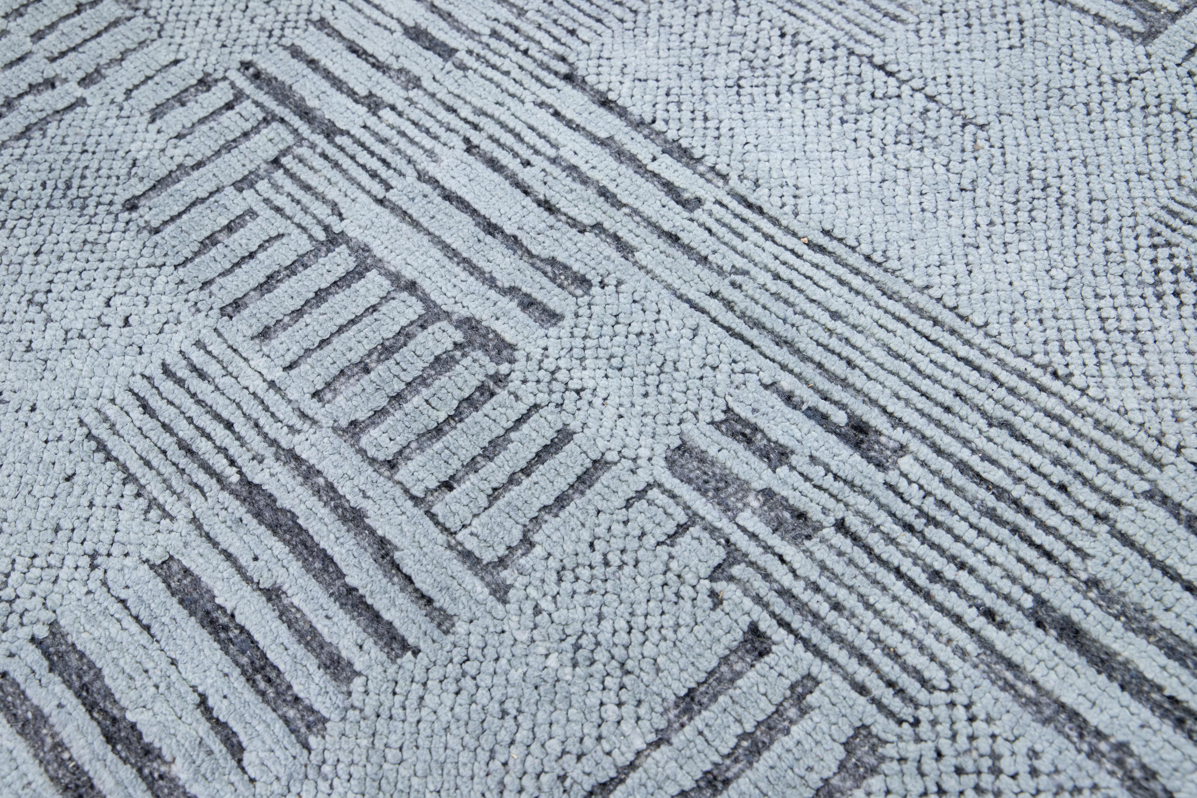 Modern Moroccan Style Handmade Geometric Abstract Gray Wool Rug For Sale 4