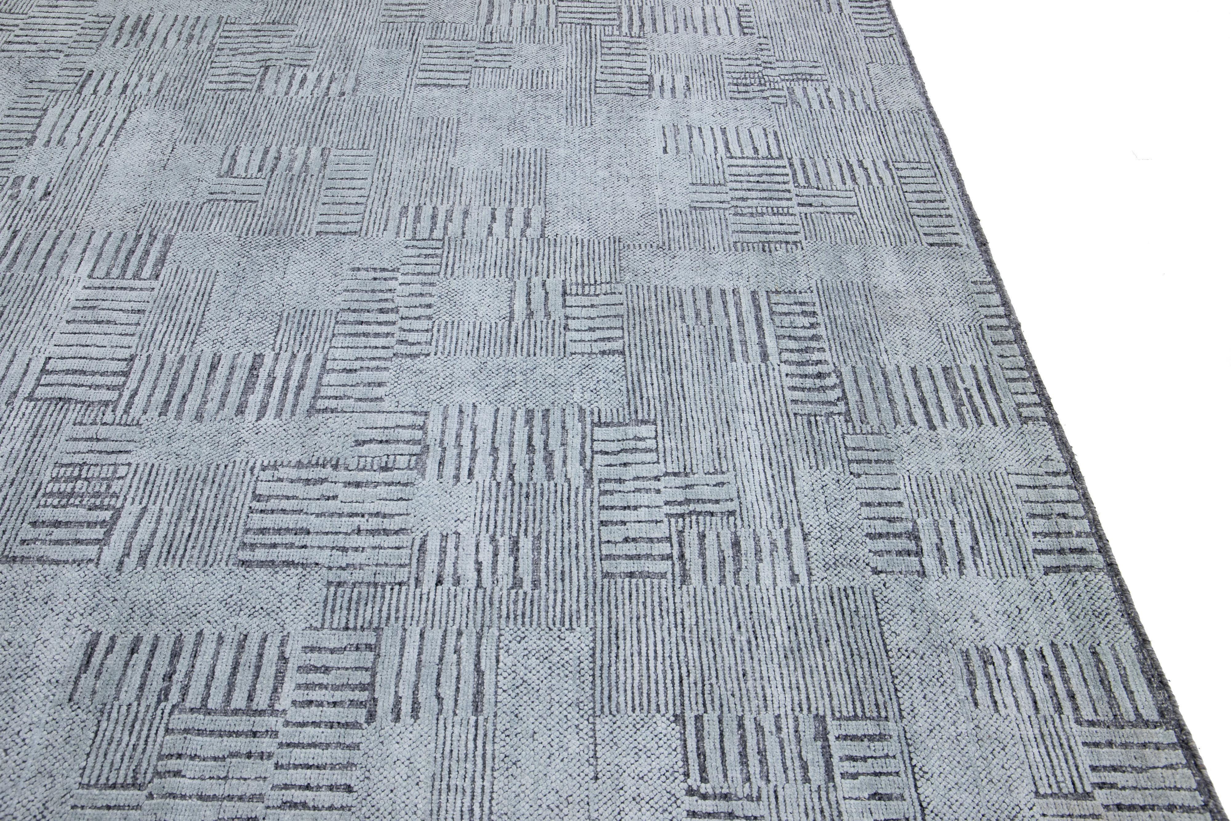 Hand-Knotted Modern Moroccan Style Handmade Geometric Abstract Gray Wool Rug For Sale