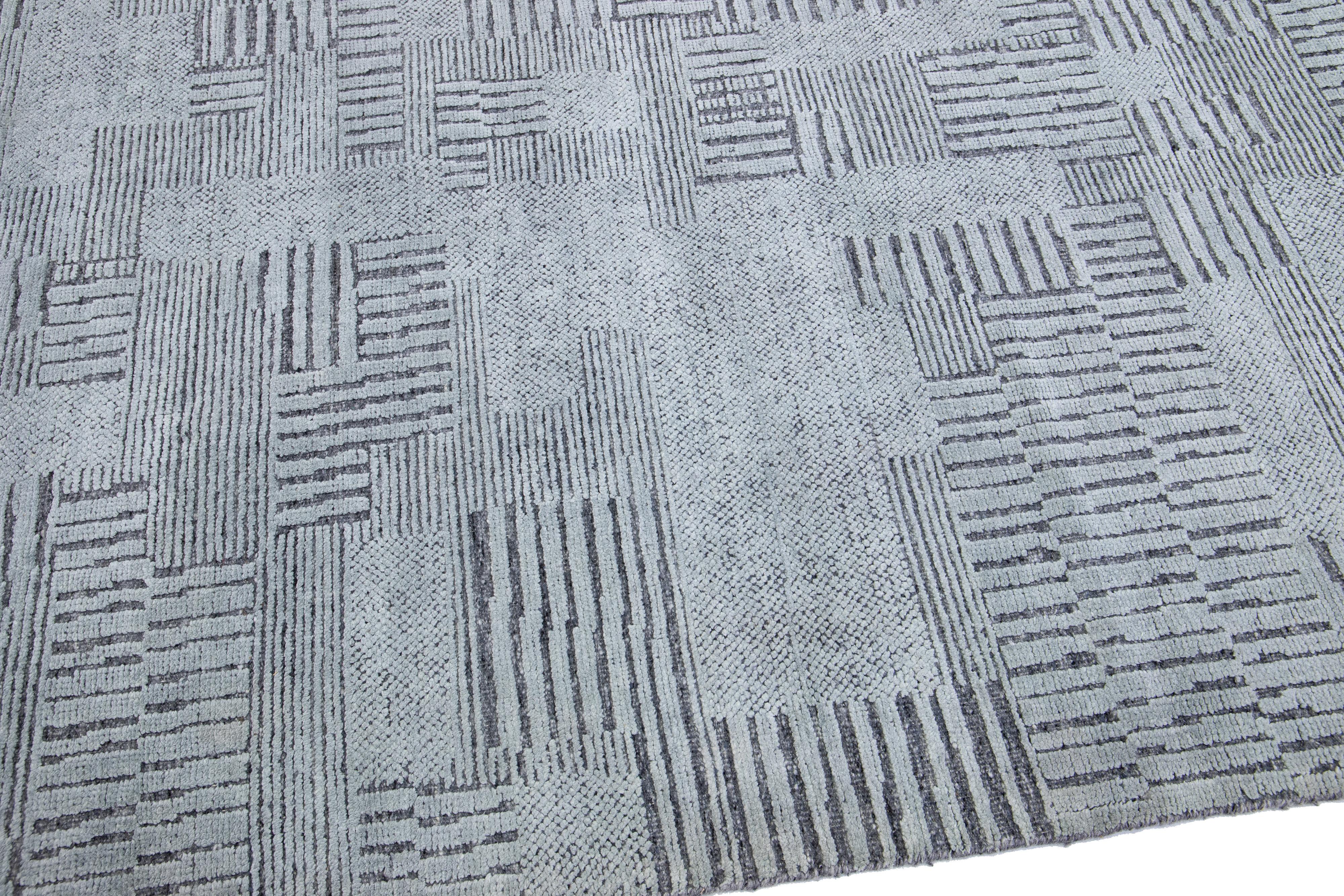 Contemporary Modern Moroccan Style Handmade Geometric Abstract Gray Wool Rug For Sale