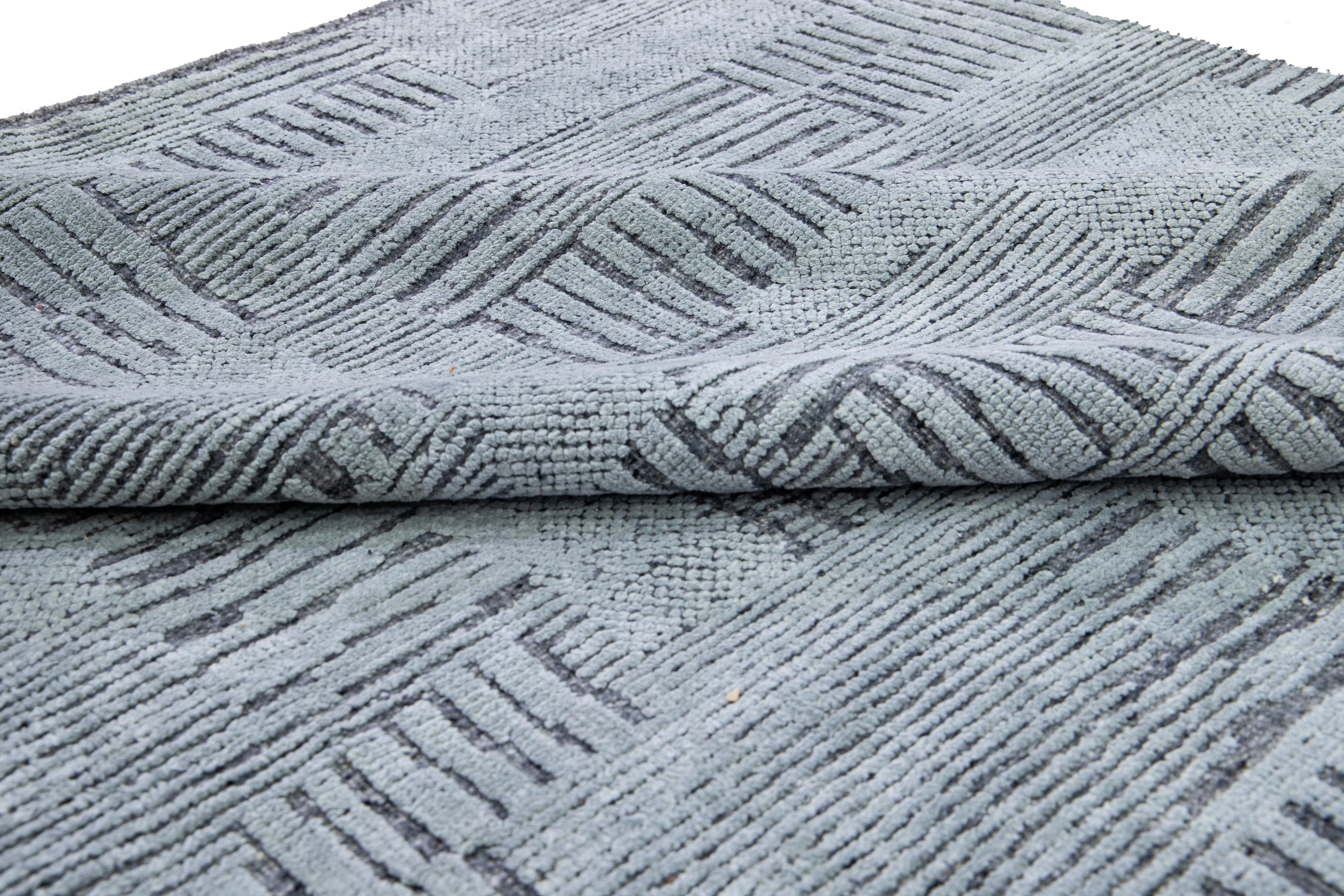 Modern Moroccan Style Handmade Geometric Abstract Gray Wool Rug For Sale 2