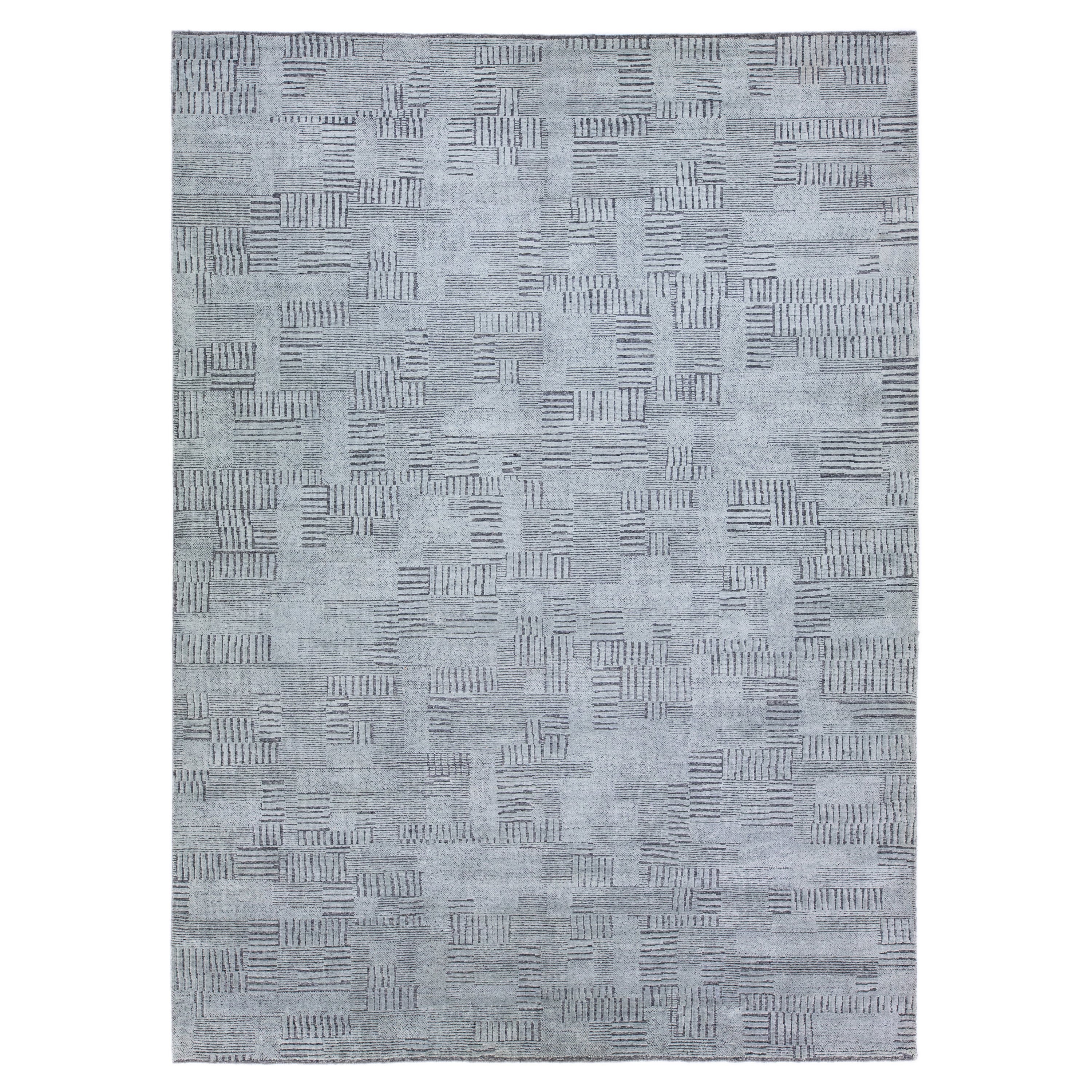 Modern Moroccan Style Handmade Geometric Abstract Gray Wool Rug