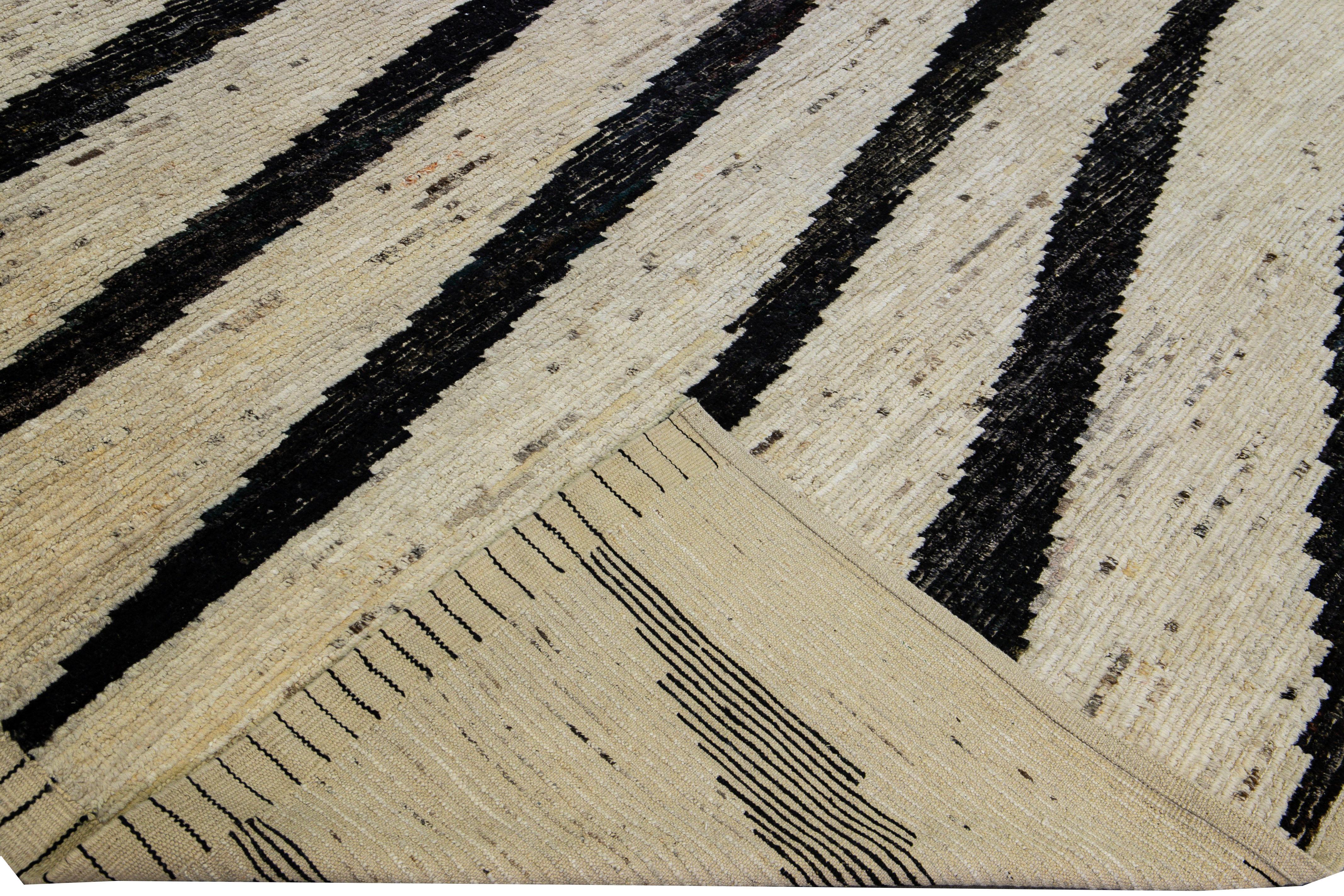 Bohemian Modern Moroccan Style Handmade Geometric Beige Oversize Wool Rug For Sale