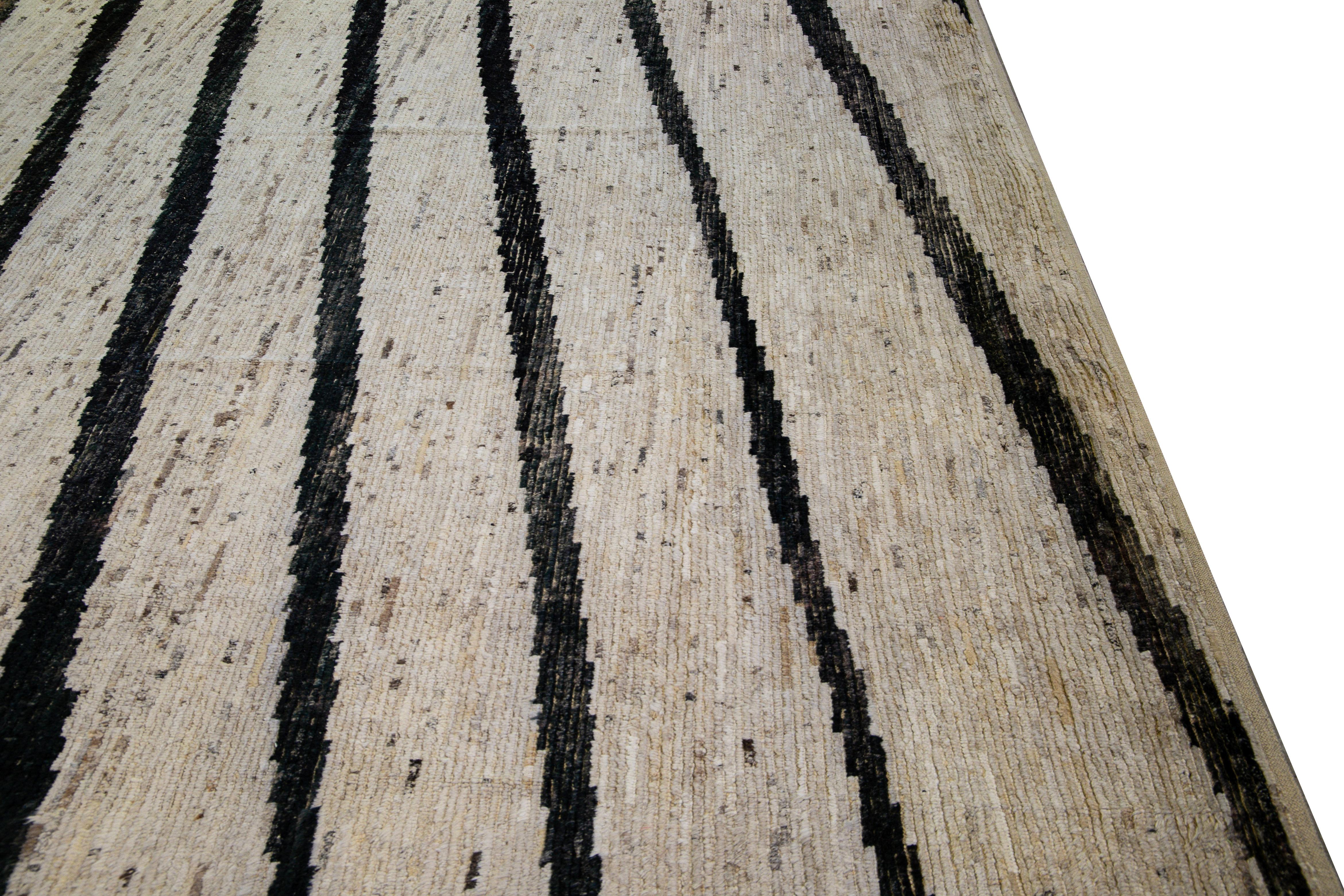 Modern Moroccan Style Handmade Geometric Beige Oversize Wool Rug For Sale 1