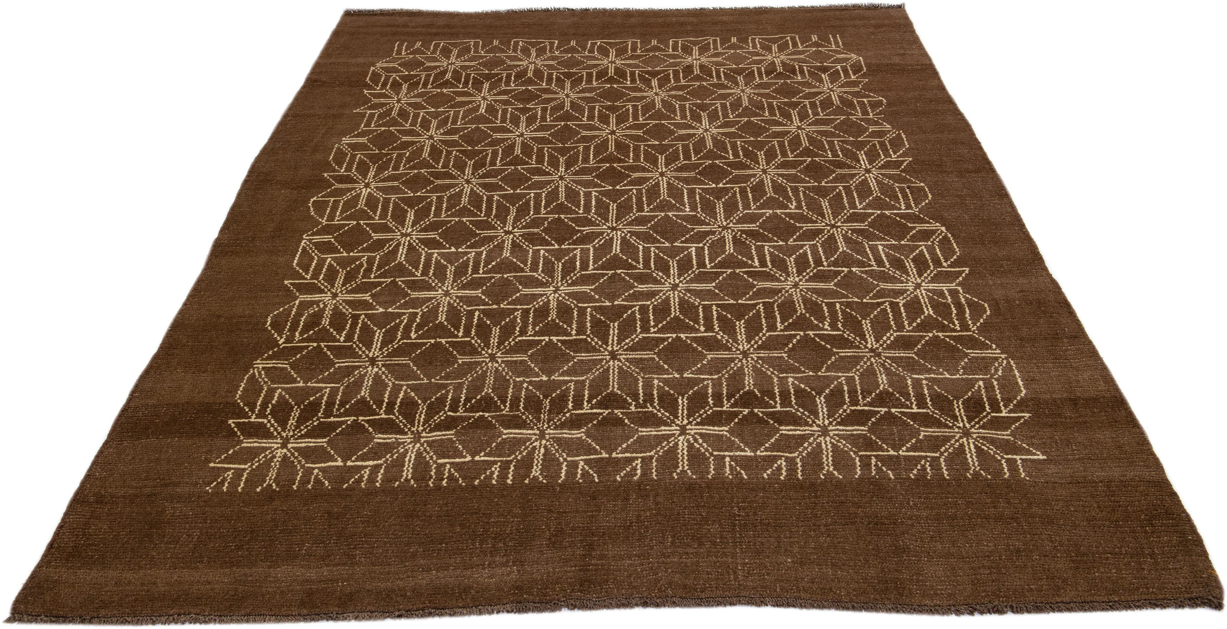 Afghan Modern Moroccan Style Handmade Geometric Brown Wool Rug by Apadana For Sale
