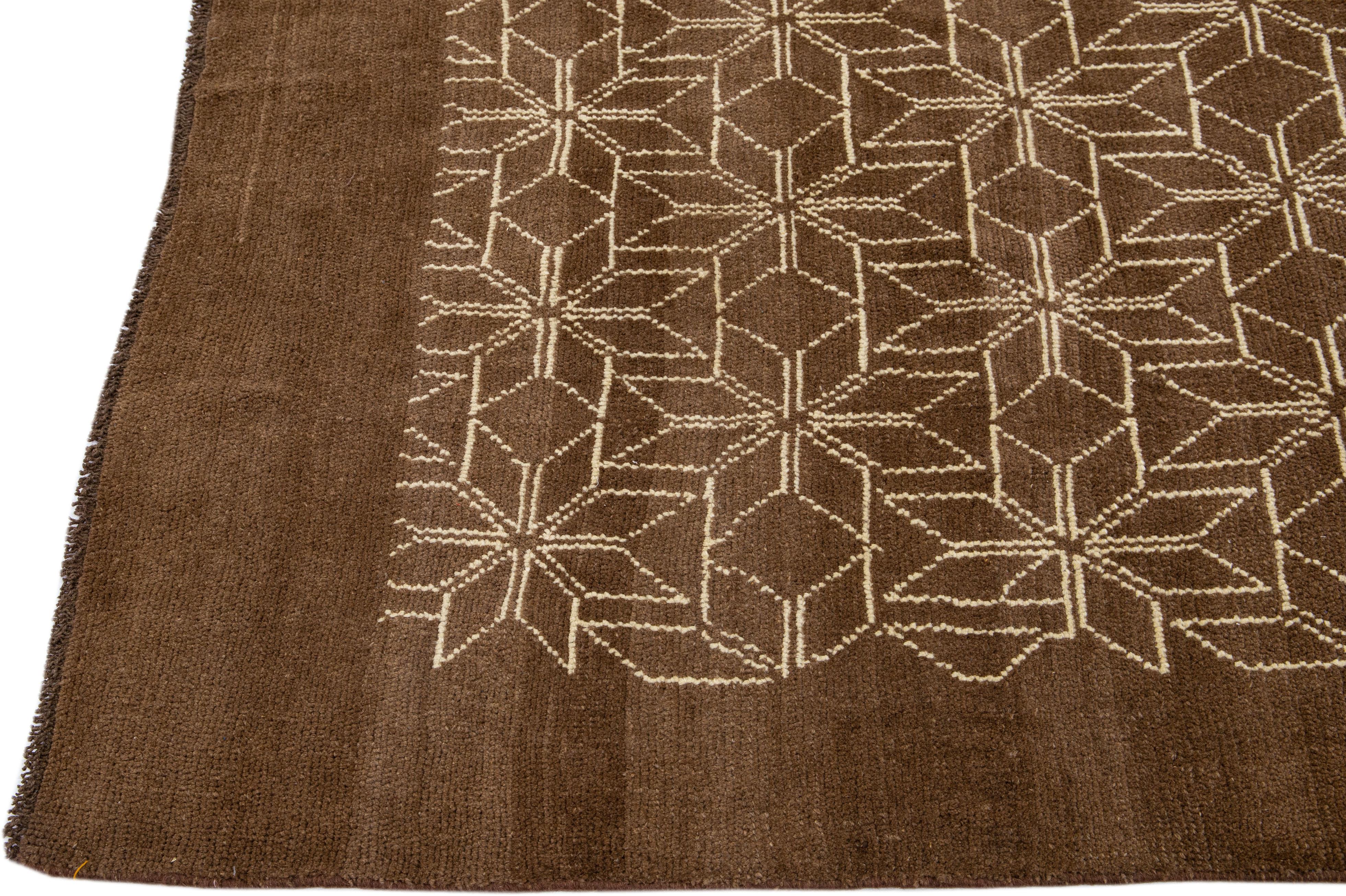 Hand-Knotted Modern Moroccan Style Handmade Geometric Brown Wool Rug by Apadana For Sale