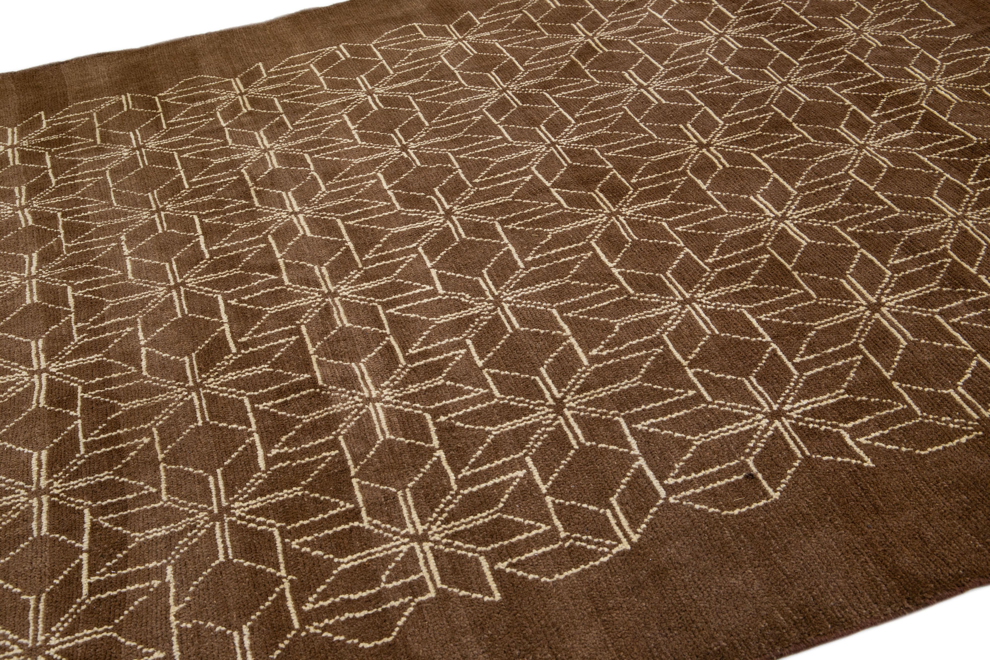 Modern Moroccan Style Handmade Geometric Brown Wool Rug by Apadana In New Condition For Sale In Norwalk, CT