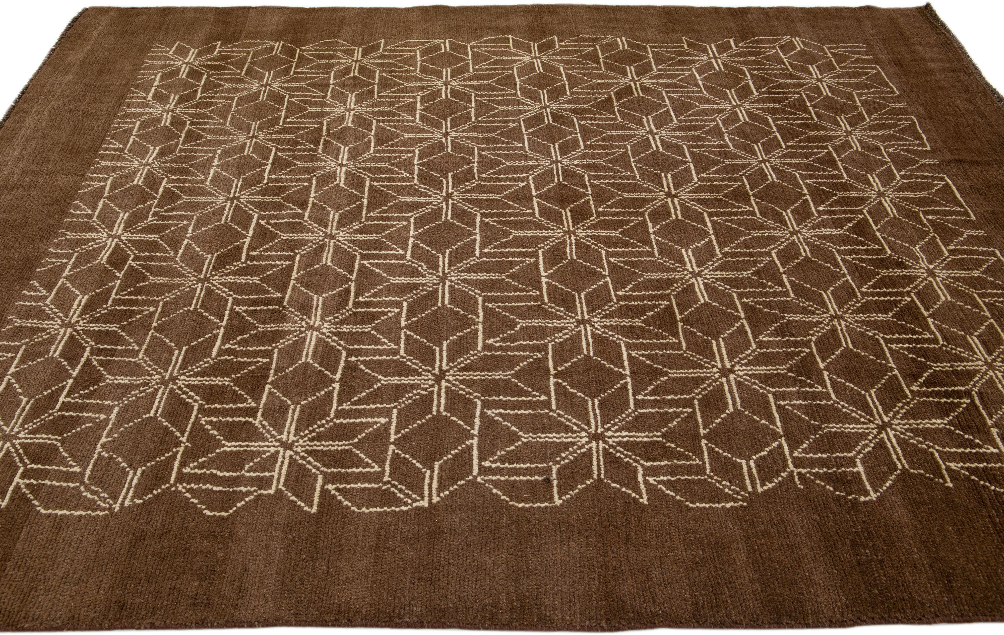 Contemporary Modern Moroccan Style Handmade Geometric Brown Wool Rug by Apadana For Sale